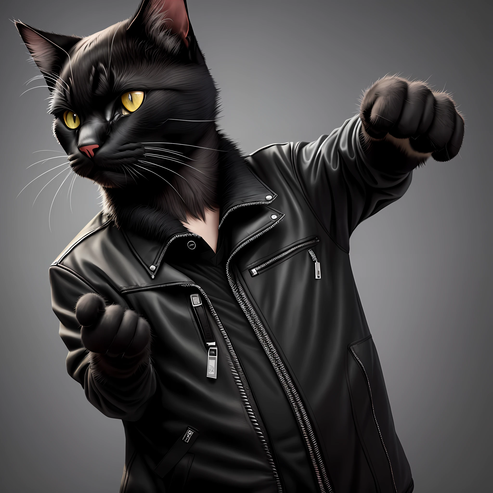 (ultra realistic) black cat wearing black jacket sending middle finger