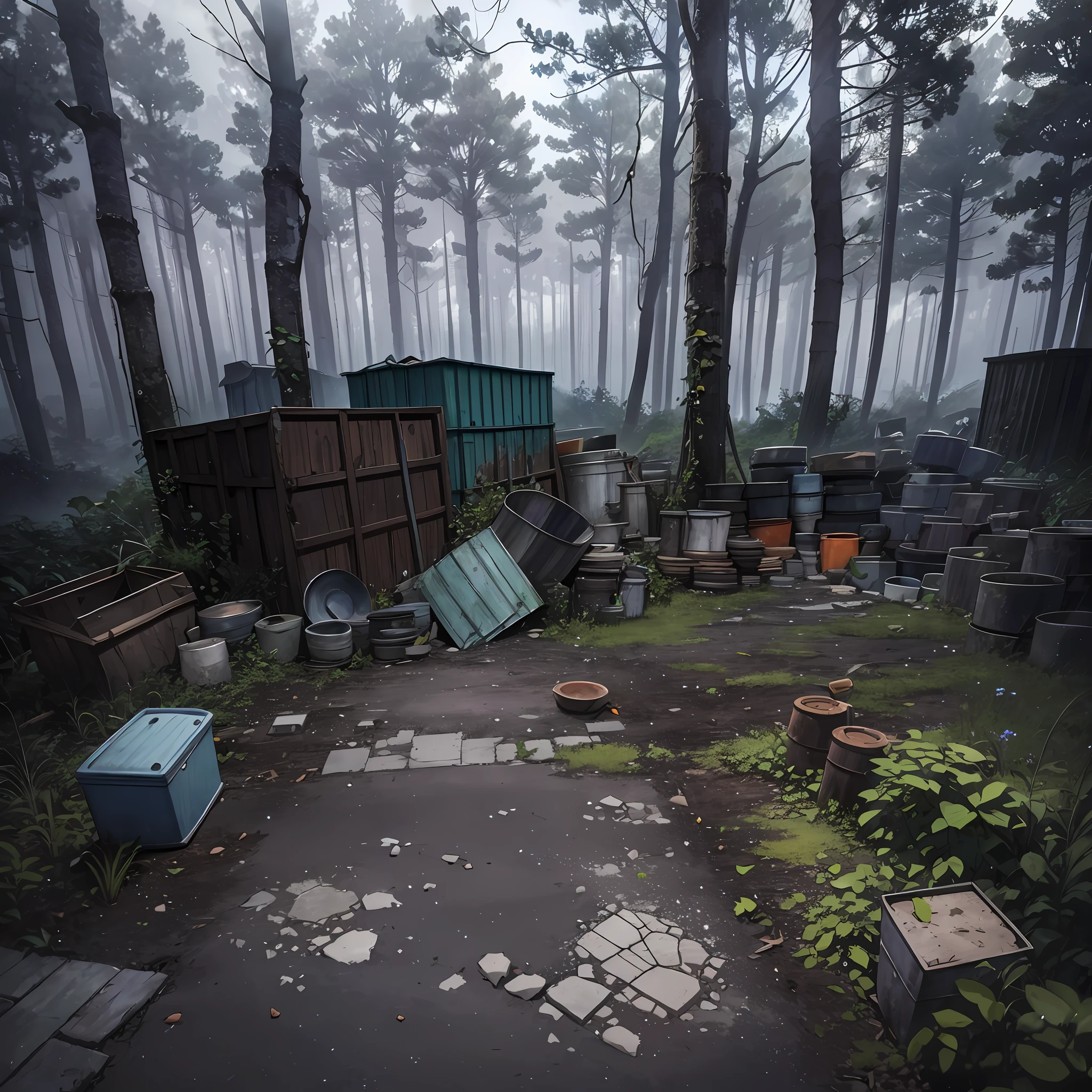 an old and shattered concrete wall, dirt floor, on the ground there are rusty pipes thrown away, old boxes piled up, a metal bucket, large tires on the ground, grasses and small stones on the ground, in the background a large thick forest of trees (brown, orange and green, gray trunk), shrubs on the sides of the image, autumn atmosphere, blue-gray sky with some clouds (pastel gray and violet), very faded and dim sun among the clouds, solitary and sharp atmosphere