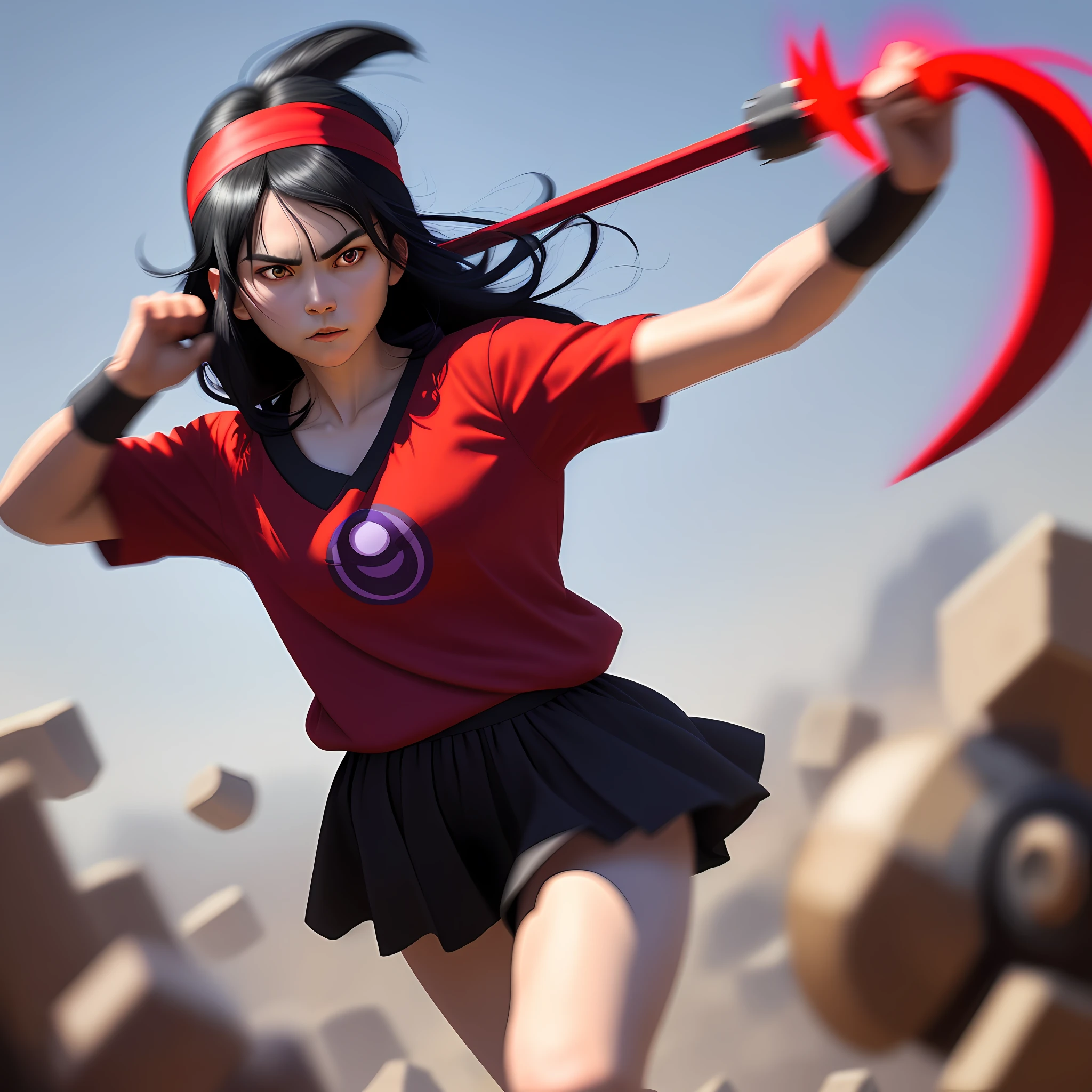 black hair, wince, solid circle eyes, whole body, Hair flying, red clothes, Purple headband, Scepter in hand, Surrealism, drop shadow, anaglyph, stereogram, tachi-e, pov, atmospheric perspective, 8k, super detail, ccurate, best quality