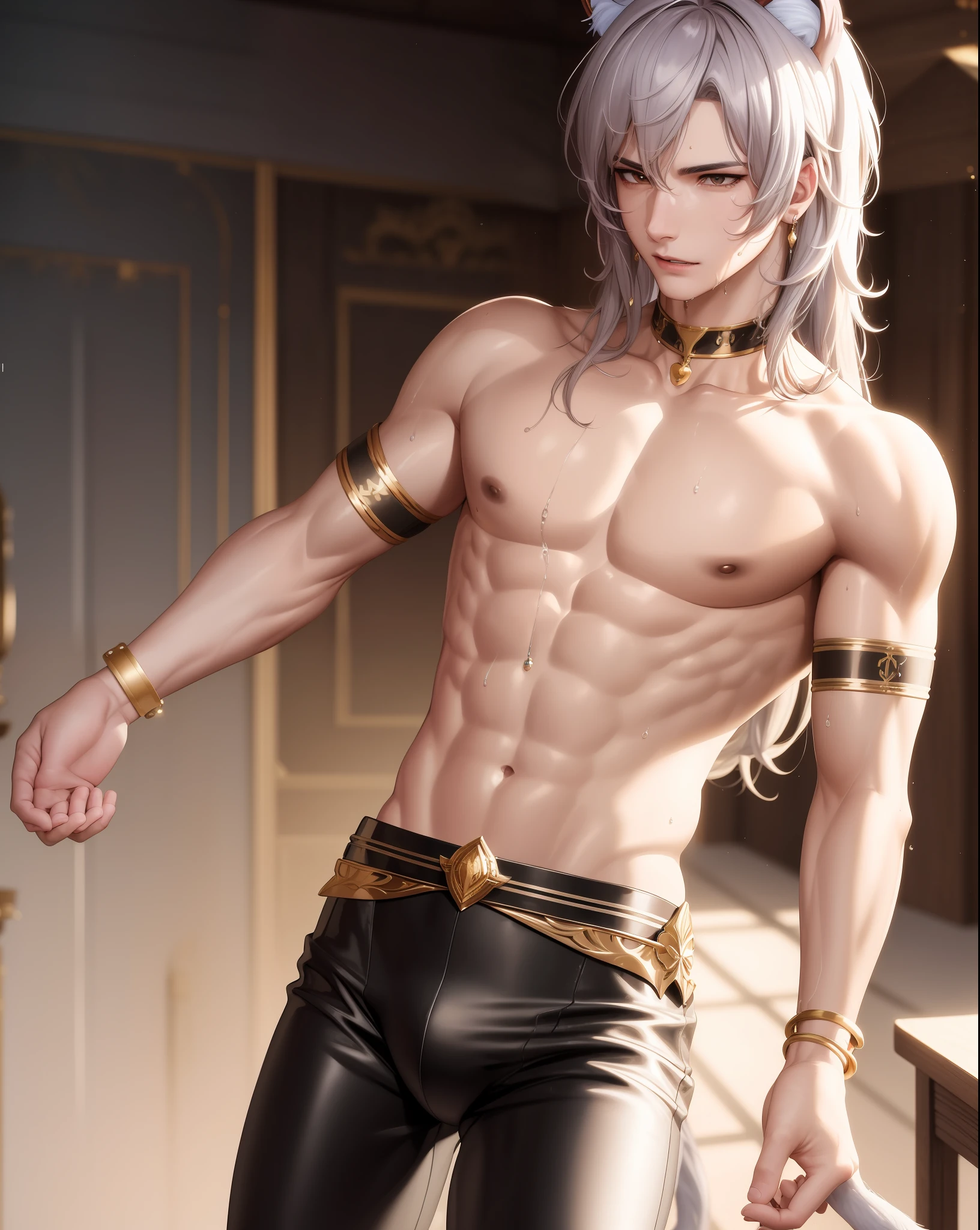 {{1boy}}, {{solo}}, perfect male body, shiny skin, holding, underwear, sweat, nude , Best quality, masterpiece, highly detailed wallpaper, ray tracing, exquisite, long hair, cat ears, handsome face, detailed and exquisite face portrayal, gentle expression, earrings, headdress, jewelry, armbands, bracelets, breast studs, collar, navel, wet,