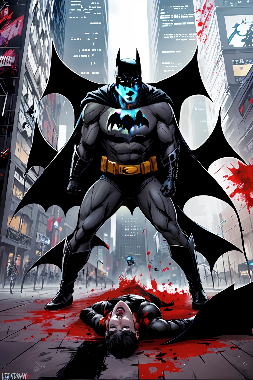 draw the Batman in an action scene with a lot of blood on his hands and mouth, blood on the ground because the scene is of Batman fighting several Cyberpunks at the behest of the villain Penguin, 64k,
