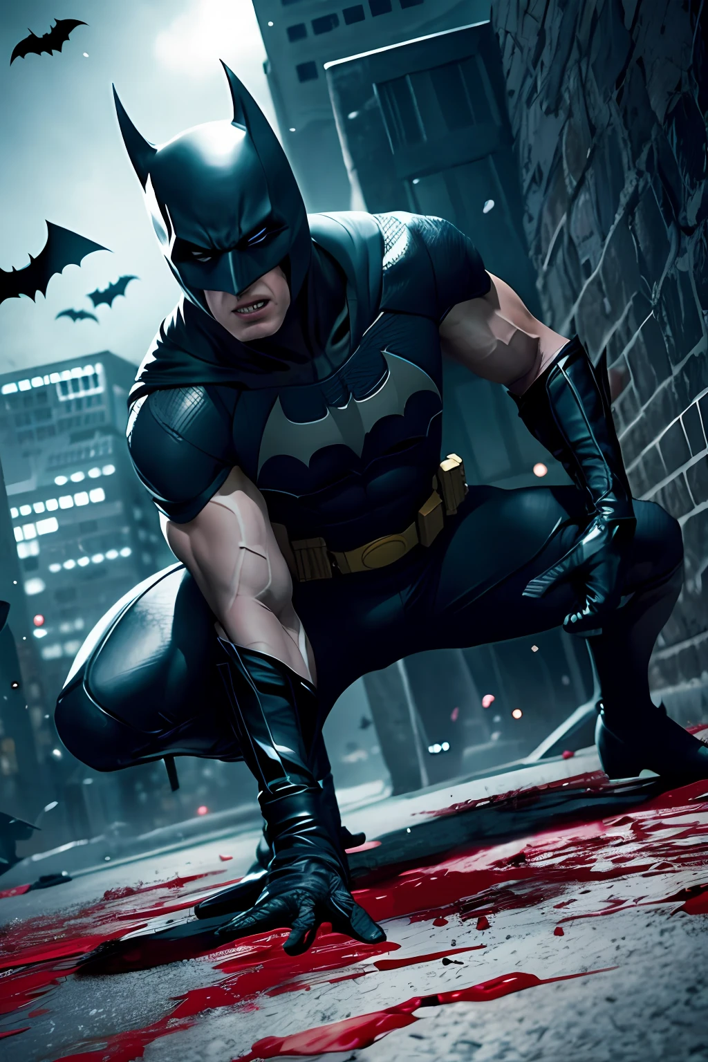 draw the Batman in an action scene with a lot of blood on his hands and mouth, blood on the ground because the scene is of Batman fighting several Cyberpunks at the behest of the villain Penguin, 64k,