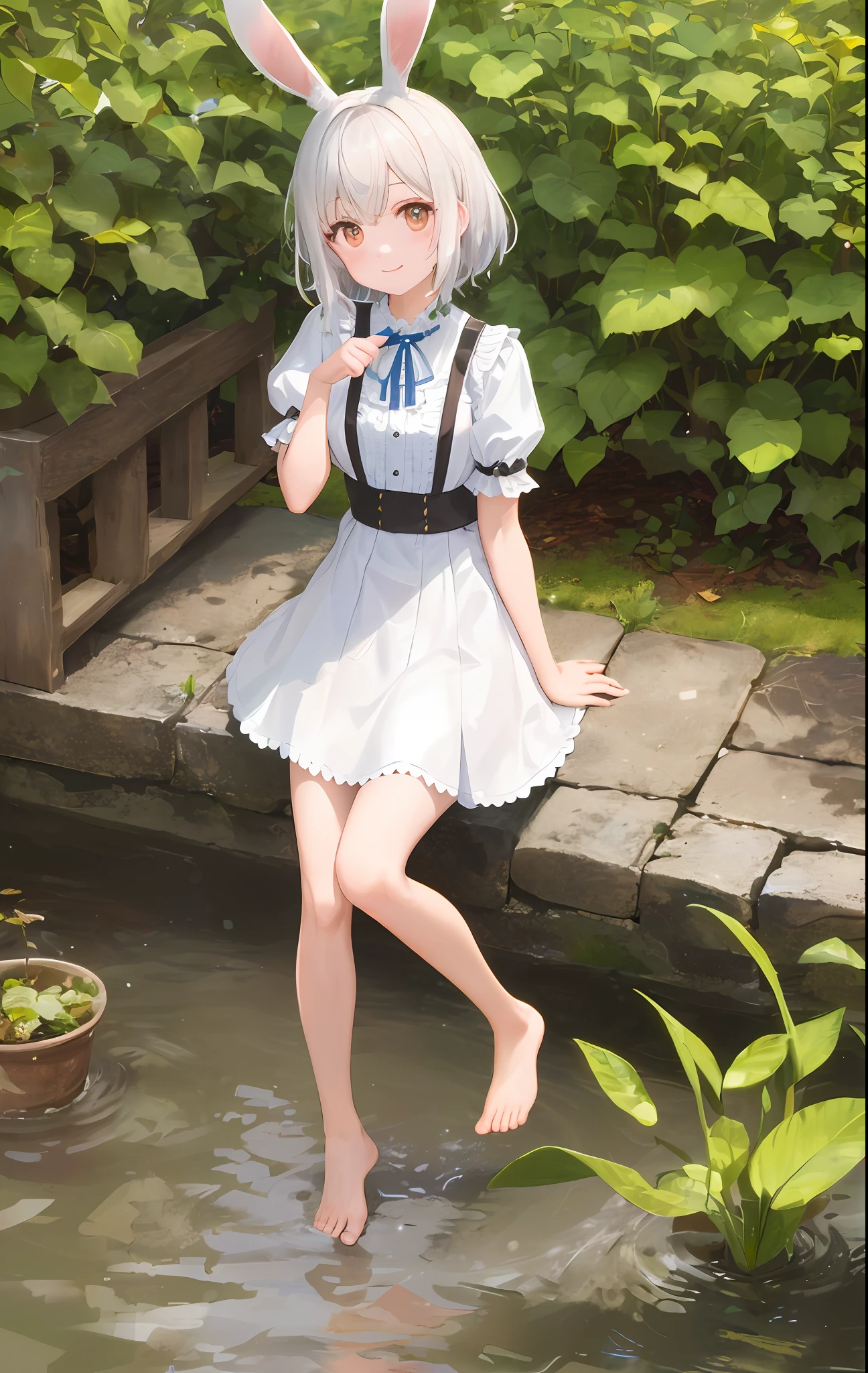 ((masterpiece,best quality)),1girl, solo, animal ears, rabbit, barefoot, knees up, dress, sitting, rabbit ears, short sleeves, looking at viewer, grass, short hair, smile, white hair, puffy sleeves, outdoors, puffy short sleeves, bangs, on ground, full body, animal, white dress, sunlight, brown eyes, dappled sunlight, day, depth of field ,wet gorund,