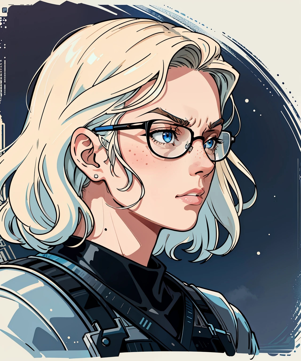 (inked original-art:1.2),(lineart:1.31),portrait muscular female, blue eyes, thin lips, freckled complexion, (depth) wavy hair, wolfcut hairstyle, rounded glasses, wearing black SWAT gear, dramatic,poster-art,(hyperdefined),(side profile), scowling expression, resting bitch face, (thin-lines), blond hair color, modern aesthetic,complex-lighting,(fine-details:1.3),RAW-format,(limited-palette),clean,intricate