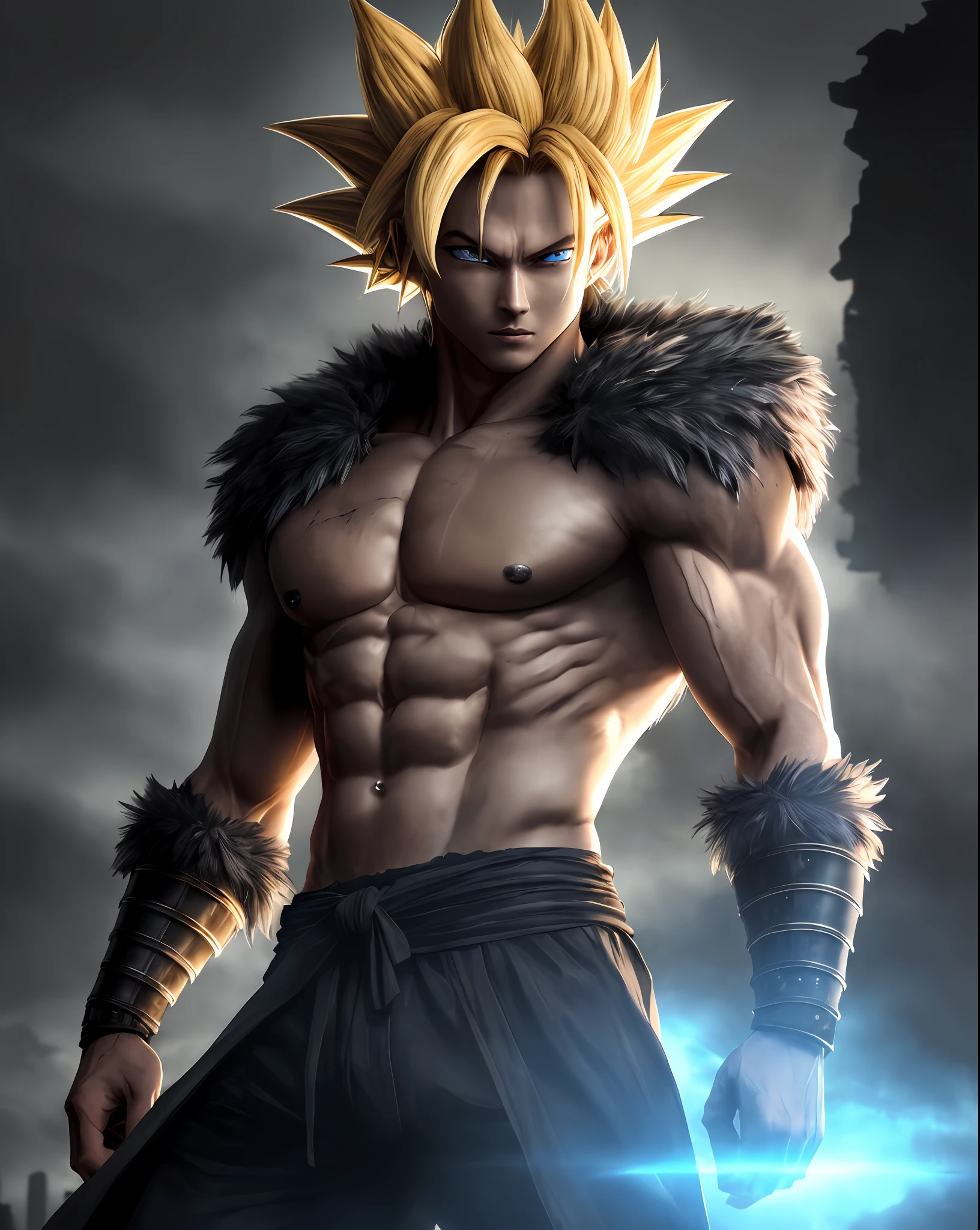 Goku, Sayajin, black Sayajin outfit, ultra detailed eyes, yellow rays coming out of the body, bright blue eyes, man, flowing blonde hair, human fur, realistic human skin, striking blue eyes, beautiful body and face - shot, body, beautiful detailed body and face, strong, muscous body)))), dust raising(hot, hyper-realistic dark photos (((portrait))), background of post-apocalyptic ruins,(((HDR+))), 4mm textures, 8k, soft cinematic light, Adobe Lightroom, Photolab, HDR, intricate, elegant, highly detailed, sharp focus, ((((((cinematic appearance)))), soft tones, insane details, intricate details, hyper-detailed, low contrast, soft cinematic light, faint colors, exposure mix, faded, slate atmosphere)