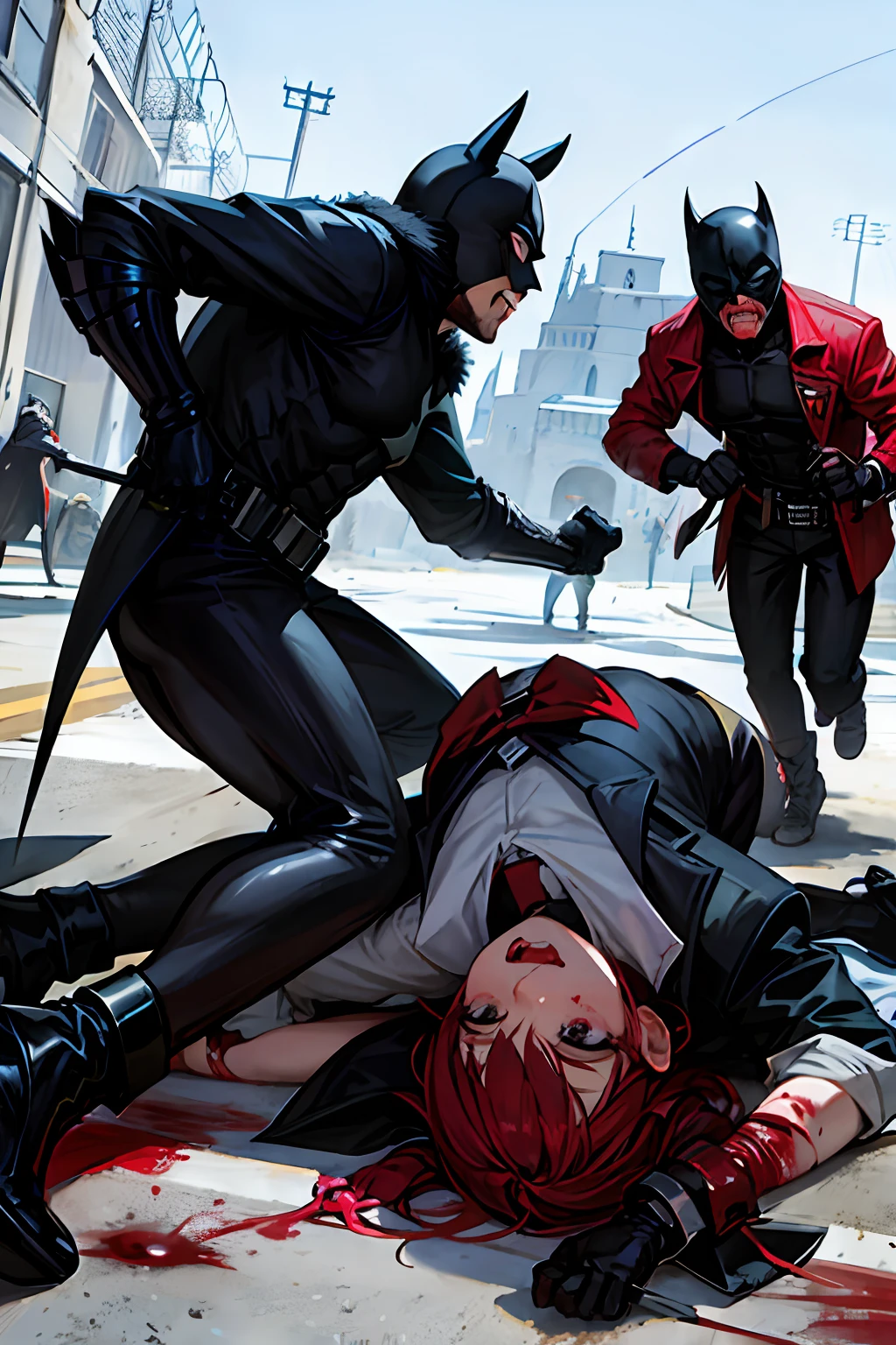 draw the Batman in an action scene with a lot of blood on his hands and mouth, blood on the ground because the scene is of Batman fighting several Cyberpunks at the behest of the villain Penguin, 64k,