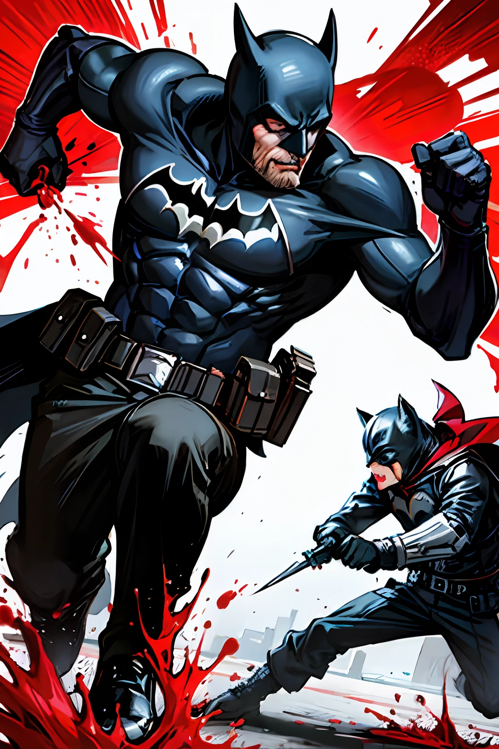 draw the Batman in an action scene with a lot of blood on his hands and mouth, blood on the ground because the scene is of Batman fighting several Cyberpunks at the behest of the villain Penguin, 64k,