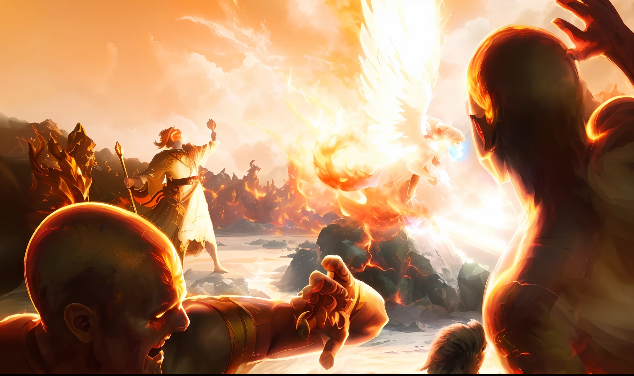 (extremely detailed CG unity 8k wallpaper, masterpiece, ultra-detailed), best quality, (angelic/celestial/otherworldly) fire, intense and vibrant colours, dynamic motion, ethereal and divine, (fiery/demonic) energy, (partial/full) body shot.