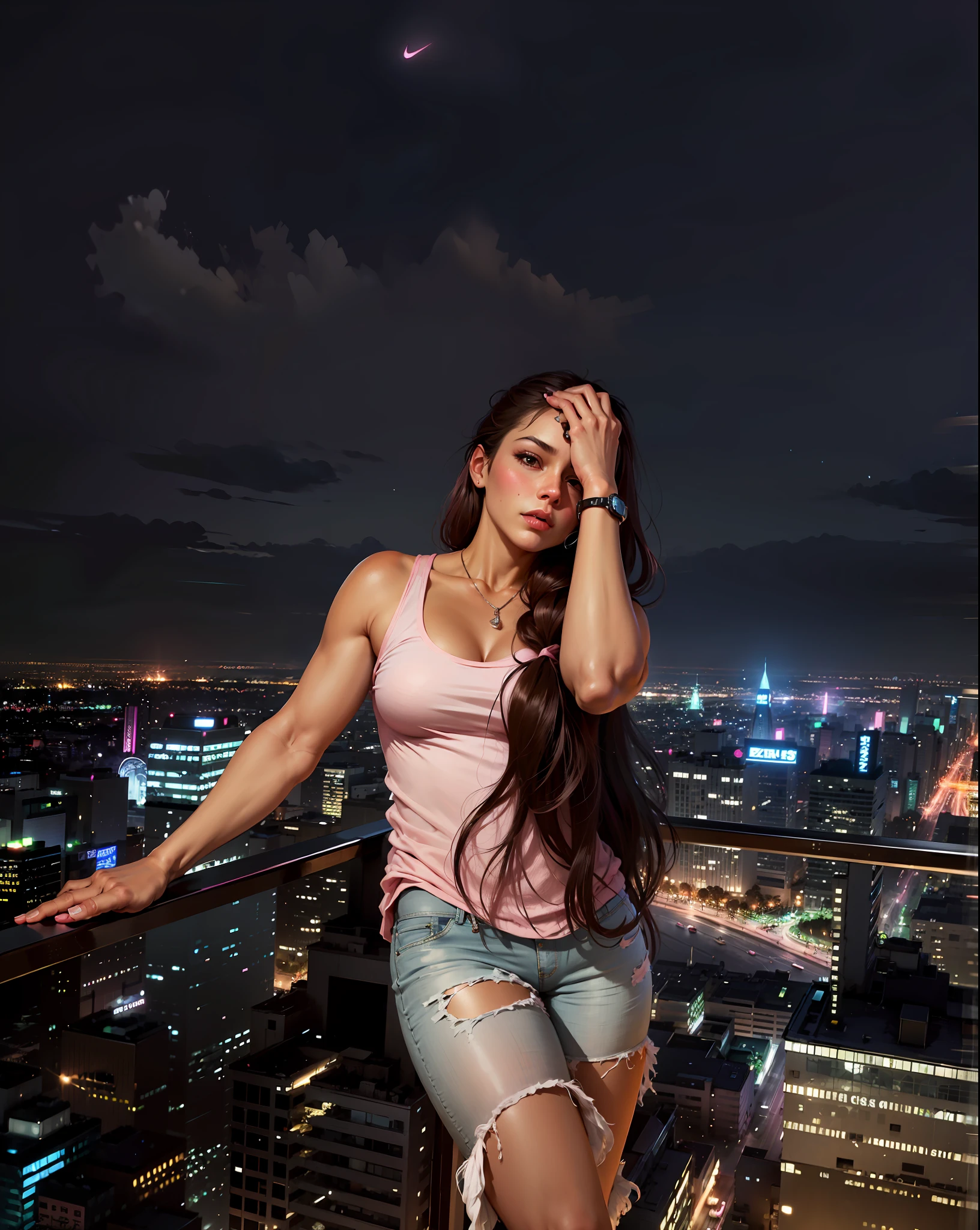 ((realistic face, seductive, adult look)), (pink pink shirt, black underwear, short clothes), (pink long hair, pink Nike sneakers), (22 years), (1 girl), (4k style))