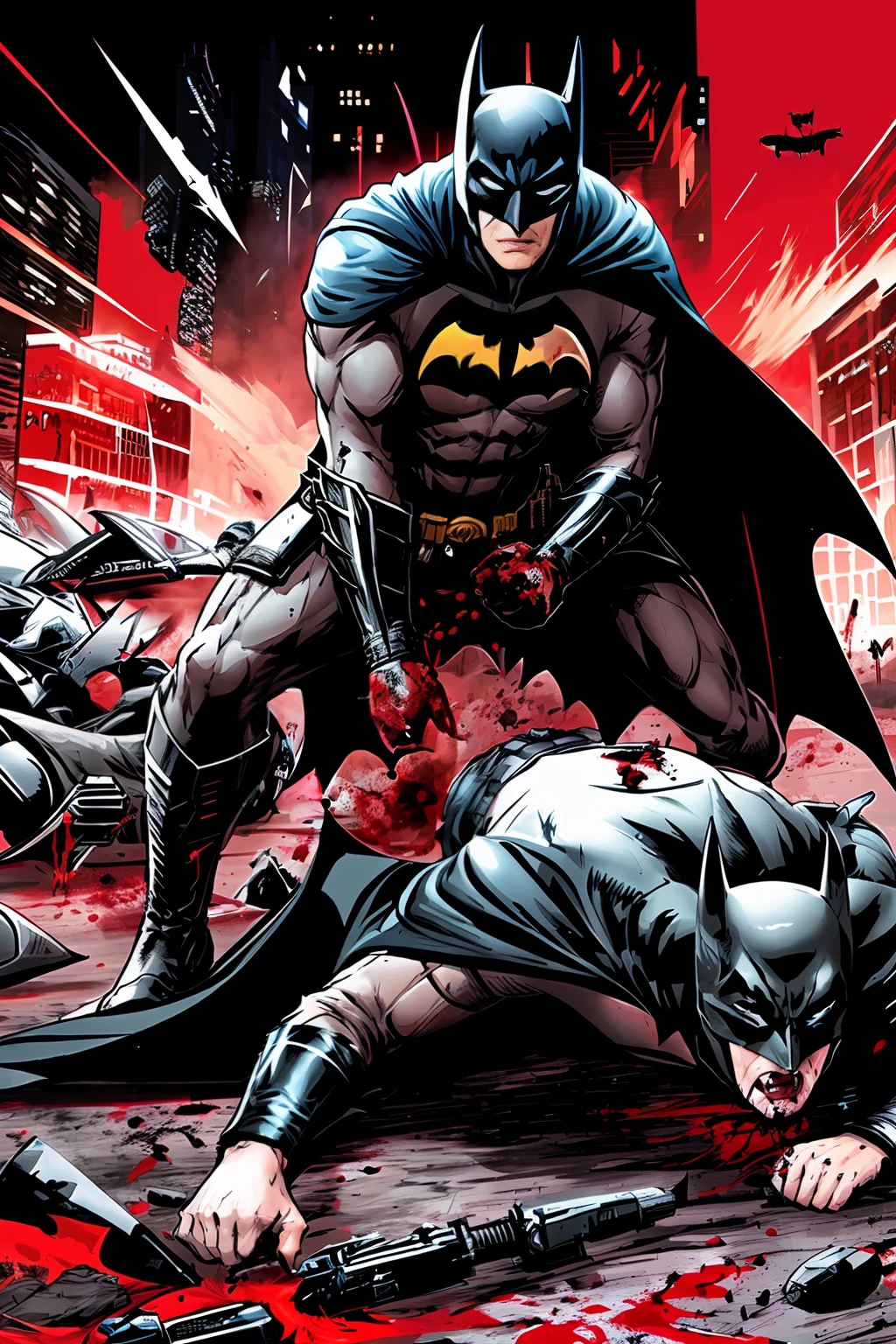 draw the Batman in an action scene with a lot of blood on his hands and mouth, blood on the ground because the scene is of Batman fighting several Cyberpunks at the behest of the villain Penguin, 64k,