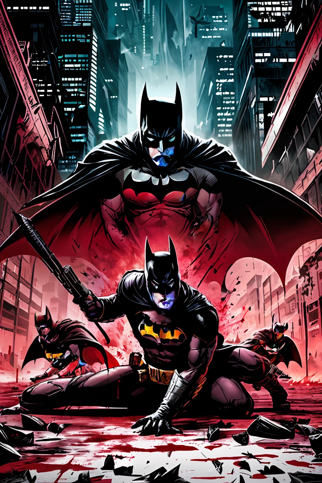 draw the Batman in an action scene with a lot of blood on his hands and mouth, blood on the ground because the scene is of Batman fighting several Cyberpunks at the behest of the villain Penguin, 64k,