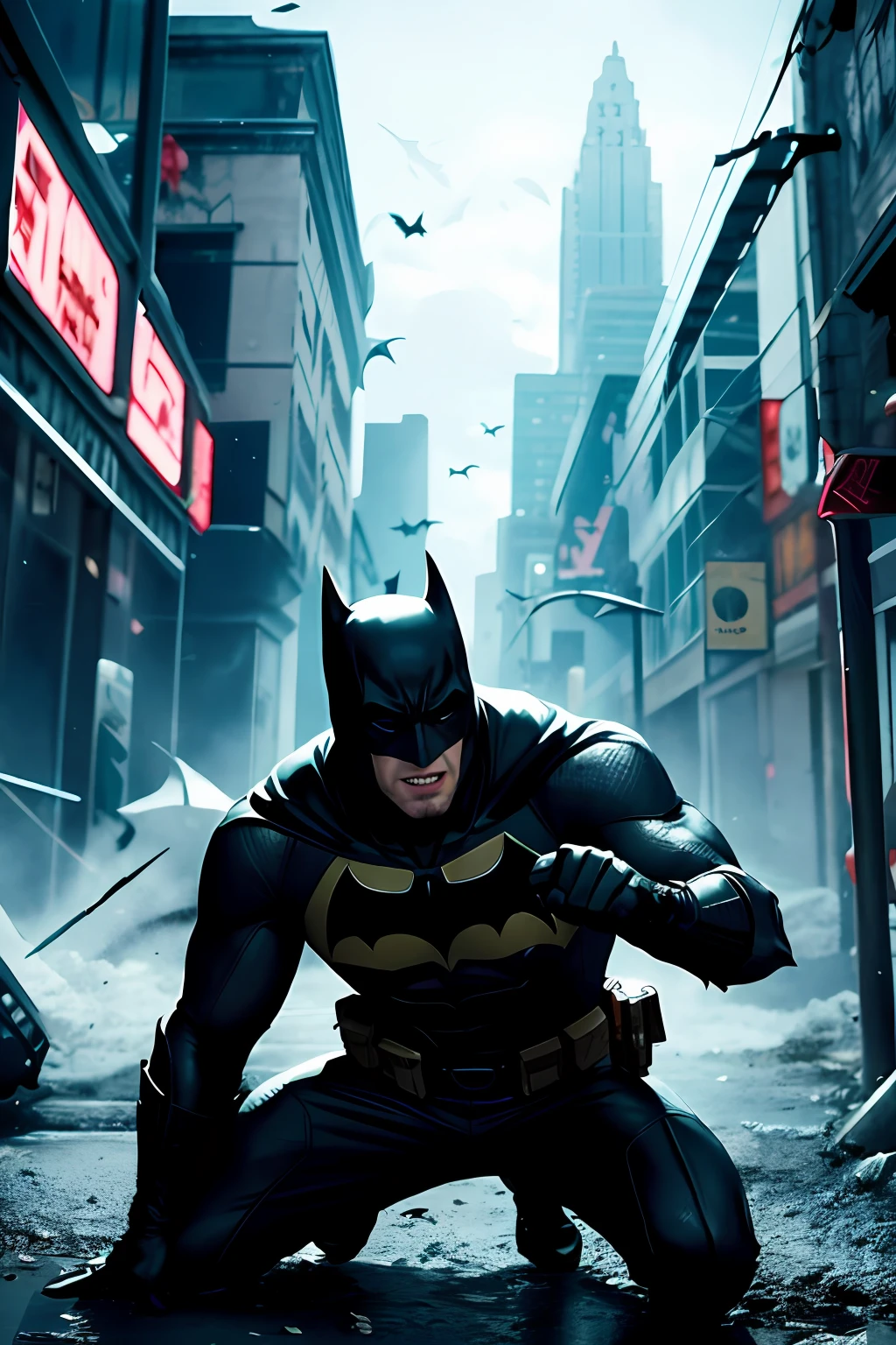 draw the Batman in an action scene with a lot of blood on his hands and mouth, blood on the ground because the scene is of Batman fighting several Cyberpunks at the behest of the villain Penguin, 64k,
