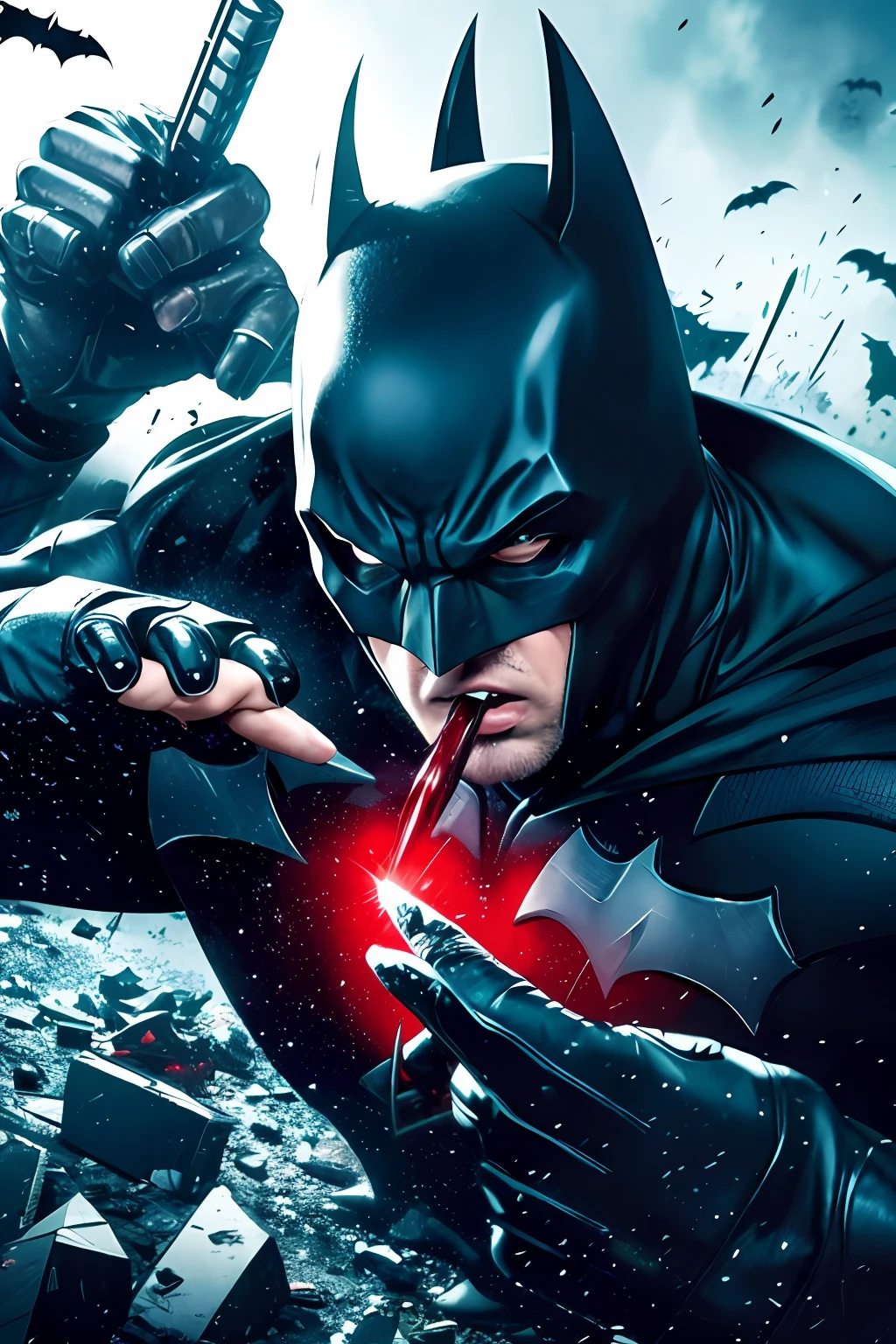 draw the Batman in an action scene with a lot of blood on his hands and mouth, blood on the ground because the scene is of Batman fighting several Cyberpunks at the behest of the villain Penguin, 64k,