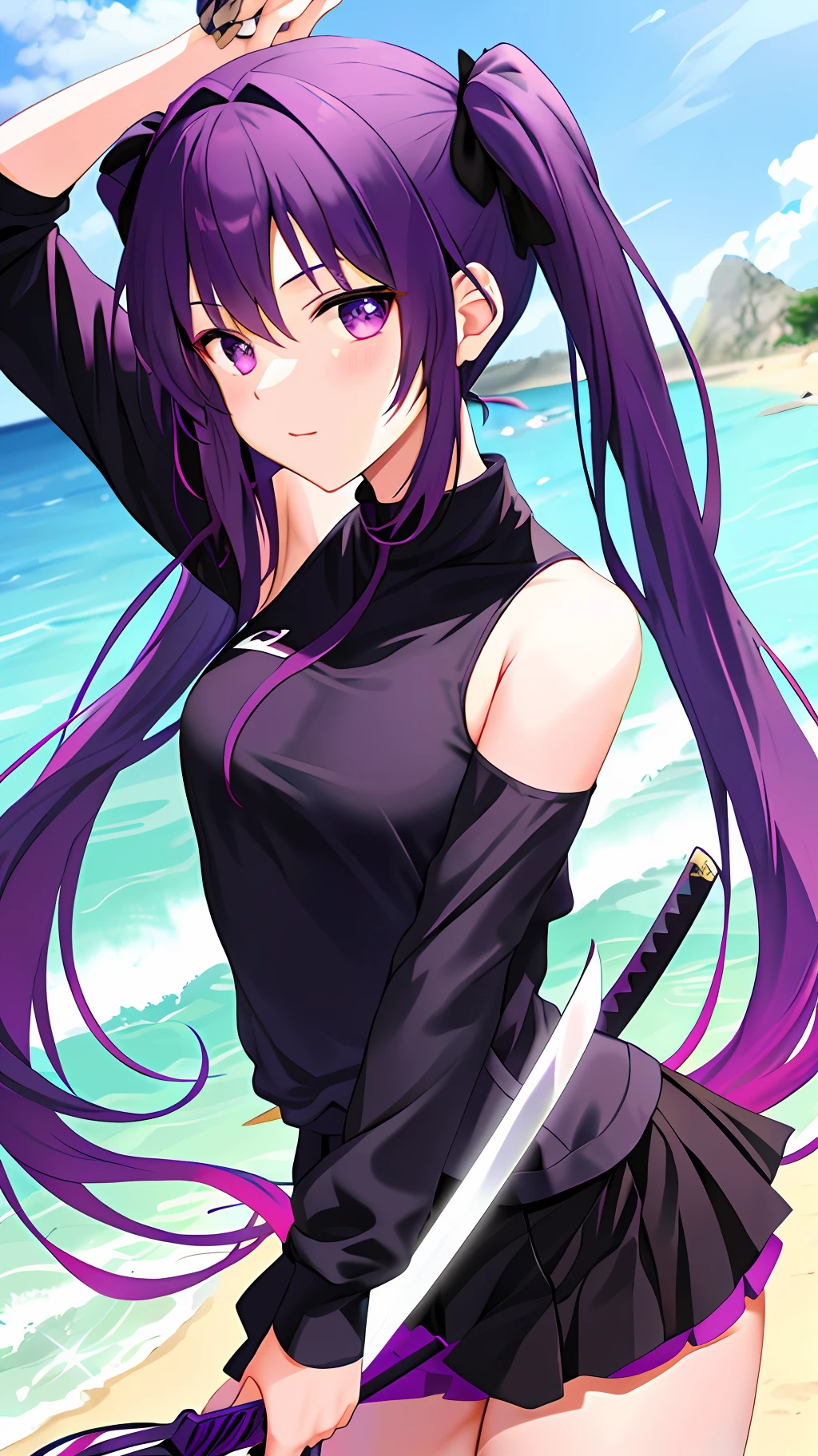 Girl,Beautiful, purple Twintails, wields a sword, black clothes, Beach background