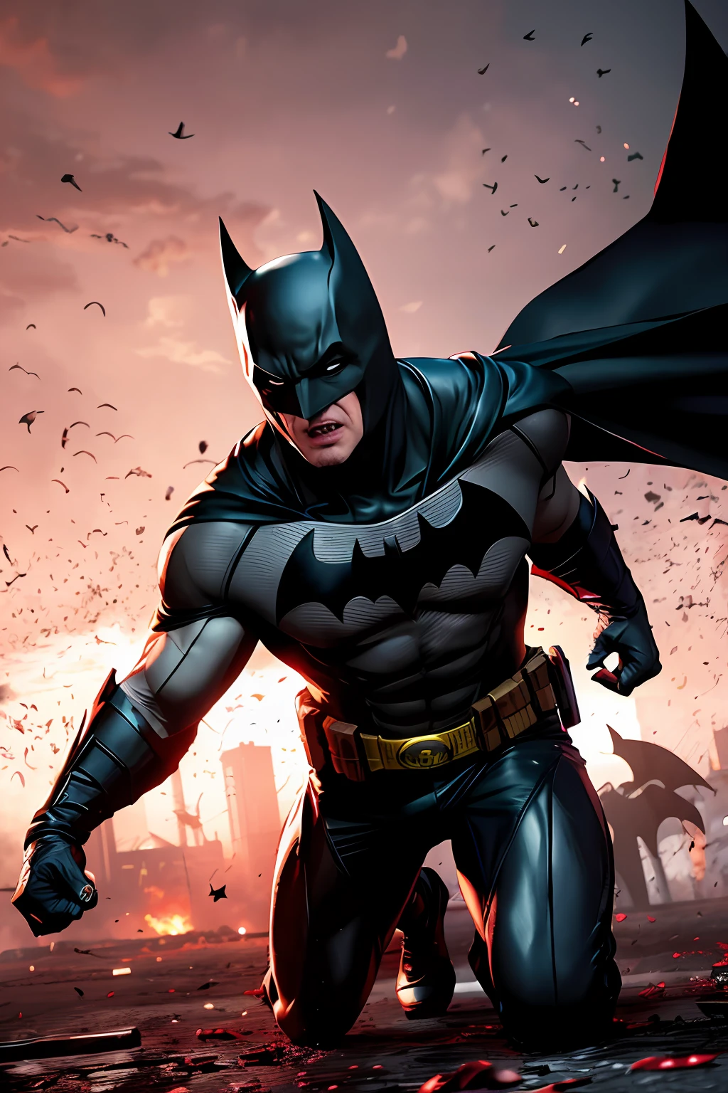 draw the Batman in an action scene with a lot of blood on his hands and mouth, blood on the ground because the scene is of Batman fighting several Cyberpunks at the behest of the villain Penguin, 64k,
