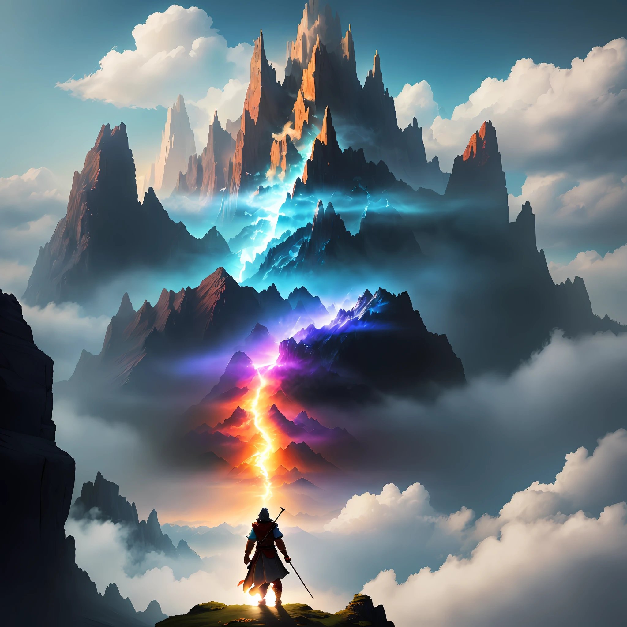 4 characters, mountain peak, colorful magical world with clouds, dnd, d&d, rpg, fantasy, magic, glowing light, god rays, conceptual art, from behind, UHD, masterpiece, super detail