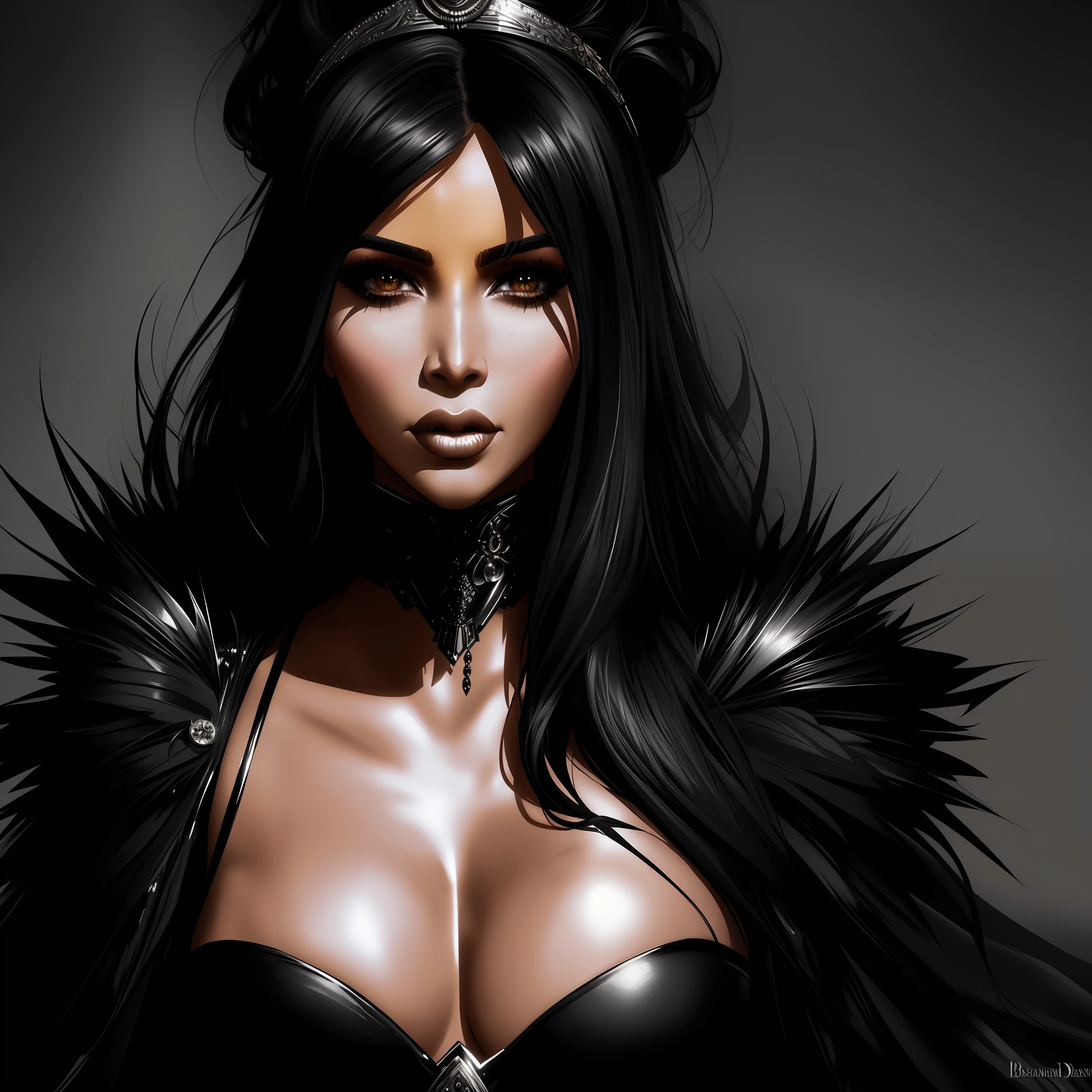 blkmndy, ((Adult model Kim Kardashian)) as vampire, (((1 girl))), dress sexy, dark fantasy, sexy expression on her face, cleaverage, ((art by Bastien Lecouffe Deharme)), black and white, comic style