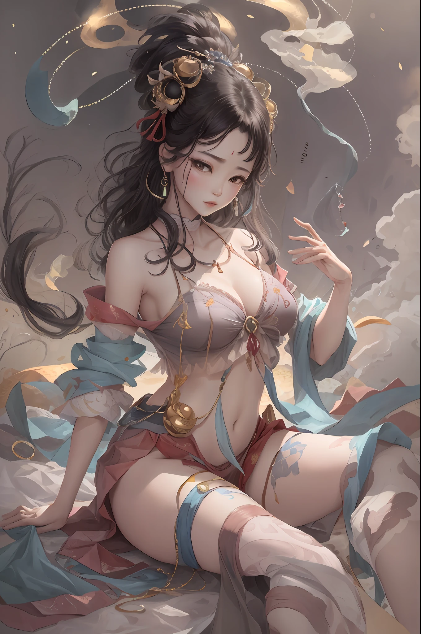 Ancient Chinese beauty sitting on stone, wearing ancient Chinese clothing, flowing tulle, light silk, lazy pose, big breasts, sexy, low cut, large lotus leaves, lotus flowers, ink painting style, clean colors, decisive cut, white space, freehand, masterpiece, super detailed, epic composition, high quality, highest quality, 4k --v 6