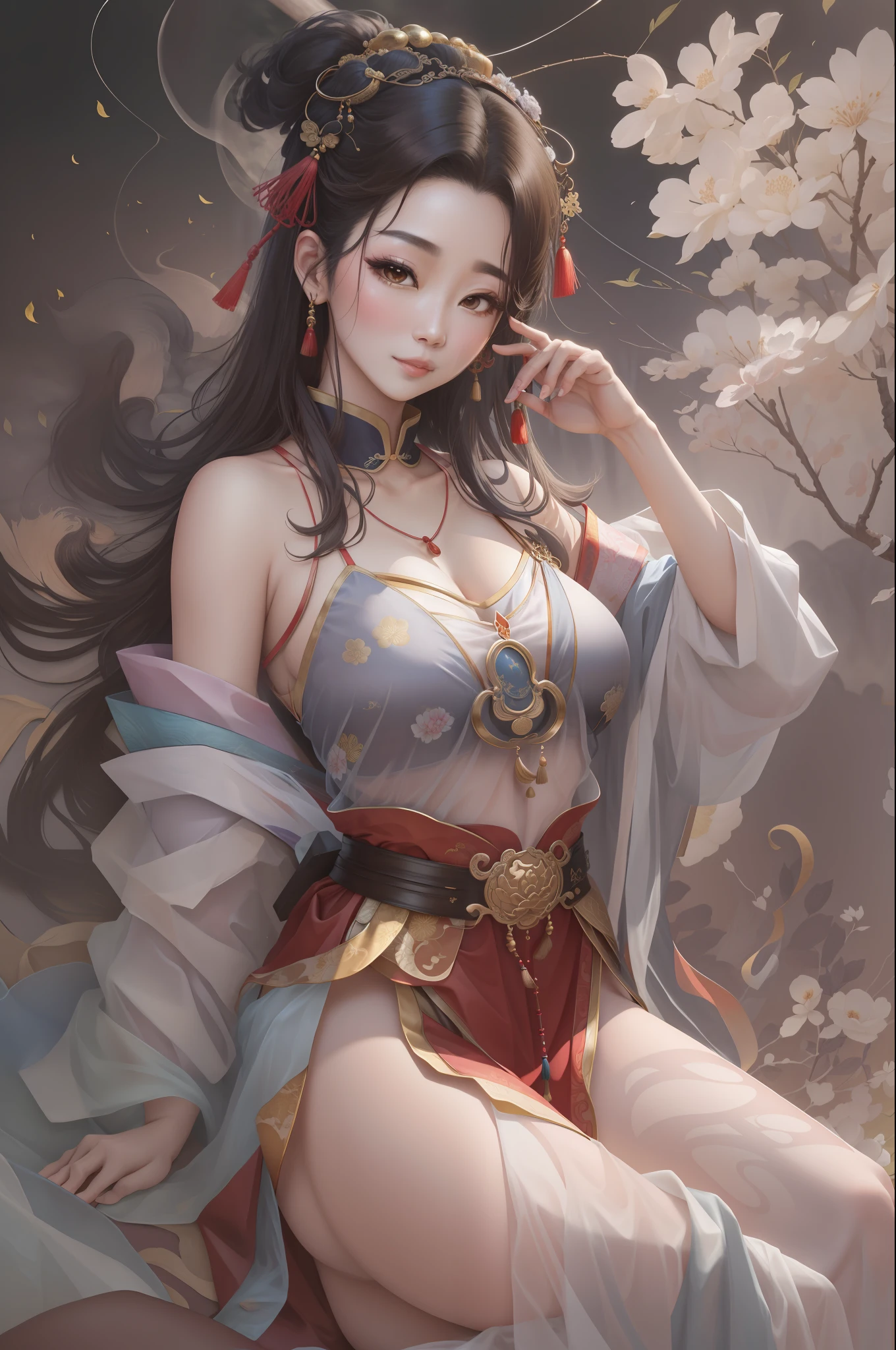 Ancient Chinese beauty sitting on stone, wearing ancient Chinese clothing, flowing tulle, light silk, lazy pose, sexy, big breasts, low cut, big breasts, bamboo forest, pavilion, ink painting style, clean color, decisive cut, white space, freehand, masterpiece, super detailed, epic composition, high quality, highest quality, 4k --v 6