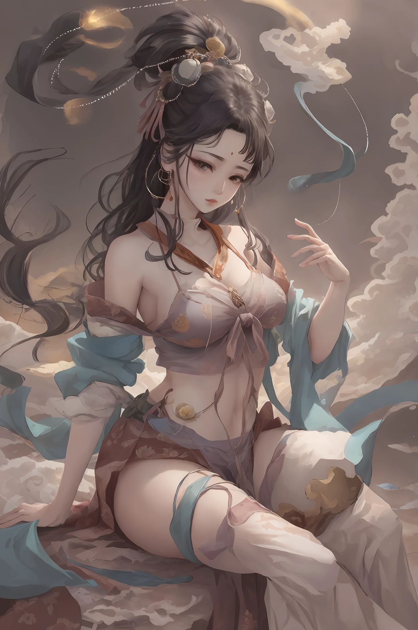 Ancient Chinese beauty sitting on stone, wearing ancient Chinese clothing, flowing tulle, light silk, lazy pose, big breasts, sexy, low cut, large lotus leaves, lotus flowers, ink painting style, clean colors, decisive cut, white space, freehand, masterpiece, super detailed, epic composition, high quality, highest quality, 4k --v 6