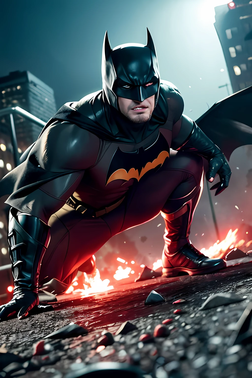 draw the Batman in an action scene with a lot of blood on his hands and mouth, blood on the ground because the scene is of Batman fighting several Cyberpunks at the behest of the villain Penguin, 64k,