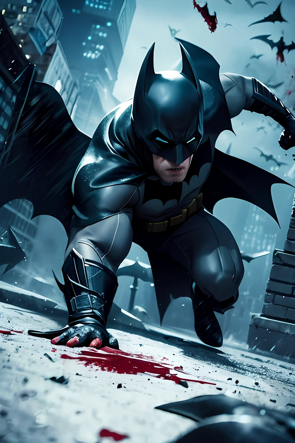 draw the Batman in an action scene with a lot of blood on his hands and mouth, blood on the ground because the scene is of Batman fighting several Cyberpunks at the behest of the villain Penguin, 64k,