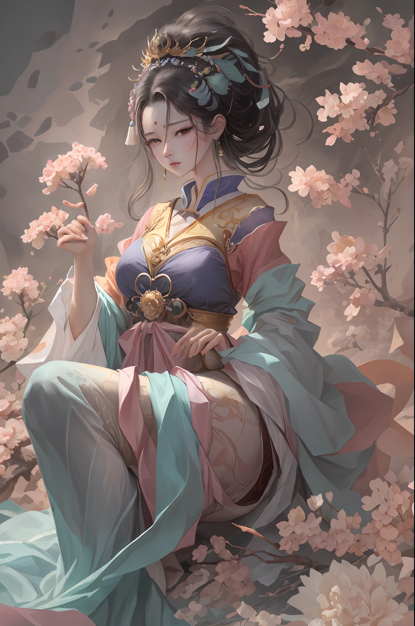 Ancient Chinese beauty sitting on stone, wearing ancient Chinese clothing, flowing tulle, light silk, lazy pose, big breasts, big breasts, sexy, low cut, big lotus leaves, lotus flowers, fuqin, ink painting style, clean colors, decisive cutting, white space, freehand, masterpiece, super detailed, epic composition, high quality, highest quality, 4k --v 6