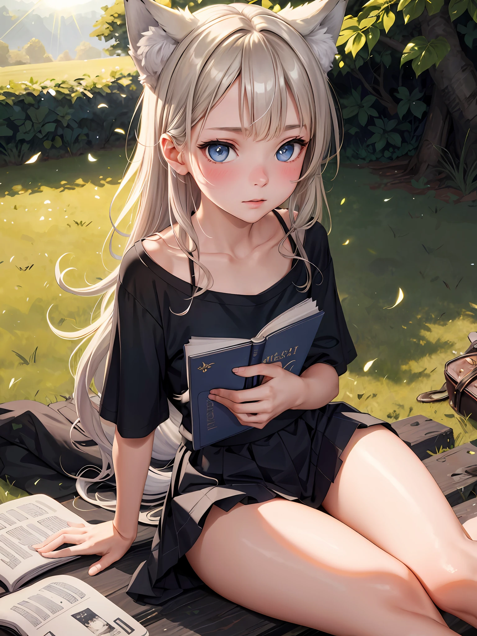 masterpiece, best quality, wolf girl, elegant, 1girl, wolf ears, wolf tail, cute, blushed, feet out of frame, reading book in black cover, from down, blonde wavy hair, mini skirt, white and black striped T-shirt, blue eyes, beautiful eyes, beautiful background, light particles, sun rays, dramatic lighting, outside, shiny, realistic, masterpiece, best quality, ultra-detailed, detailed, scenery, beautiful detailed eyes, detailed hair