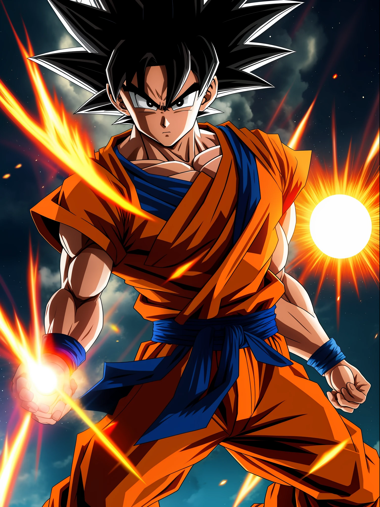 Create an image of Goku as Super Saiyan 4, with black hair and red eyes, wearing only red pants with a blue waistband and black boots. He should be in a completely destroyed city, emanating energy around his strong body, with a light effect behind him in an anime/manga style. The image should have excellent quality and precise details of Goku's perfect body. Make sure to convey Goku's anger.