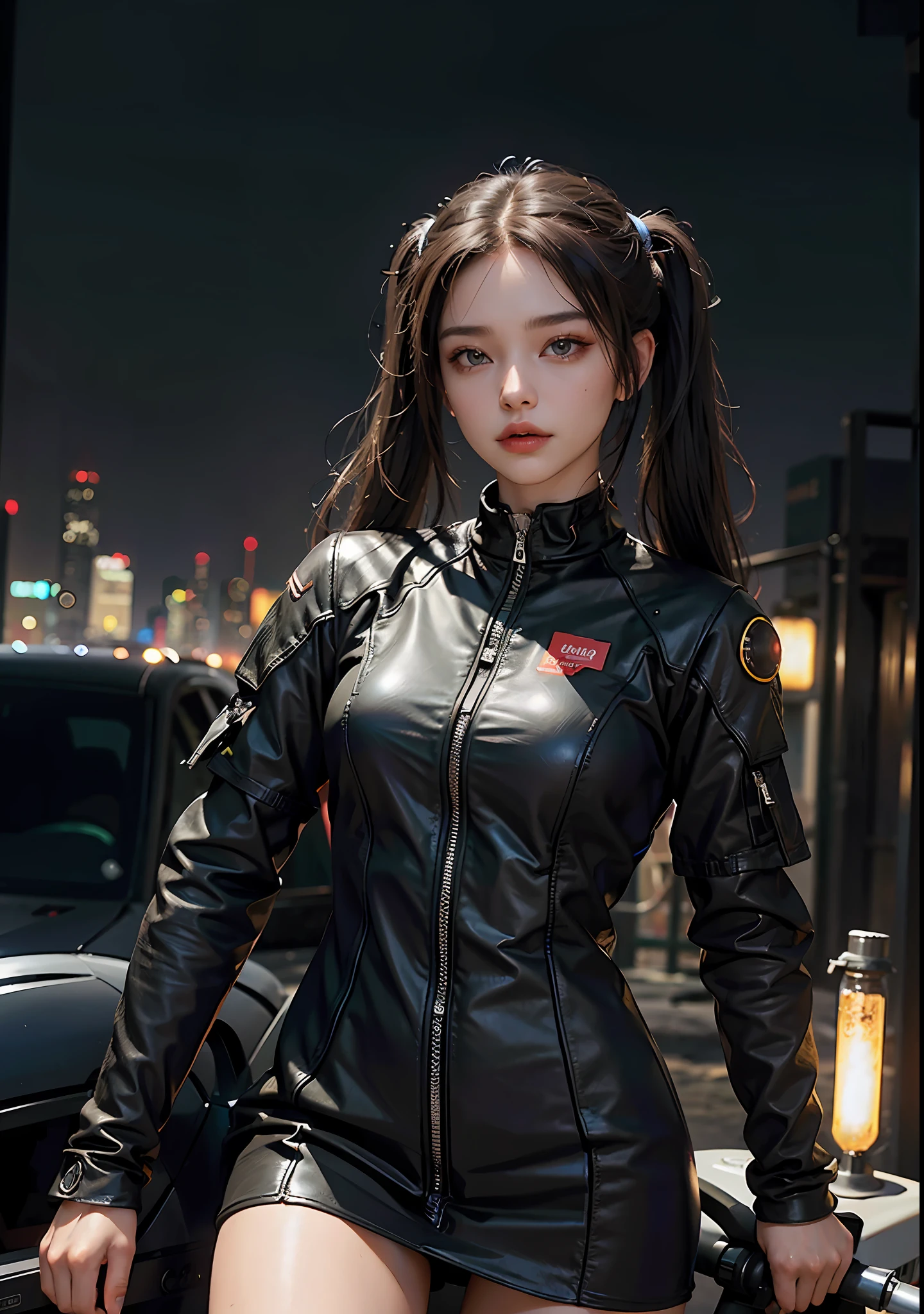 The Huntress riding her hightech motorcycle, shooting a hightech fire-gun, fire sparks comming out of the gun, (1woman, brown eyes, white skin, black hair with twintails, choker, small breasts, skinny, full lips, makeup, eyeliner, Russian), wearing a black one-piece leather armor, long leather gloves, long leather boots, in a cyberpunk town at night, (cyberpunk theme), (masterpiece, best quality, 8k, sharp focus, depth of field, best shadows, perfect lights, HDR, realistic skin texture, ultra-detailed and detailed background), wideshot