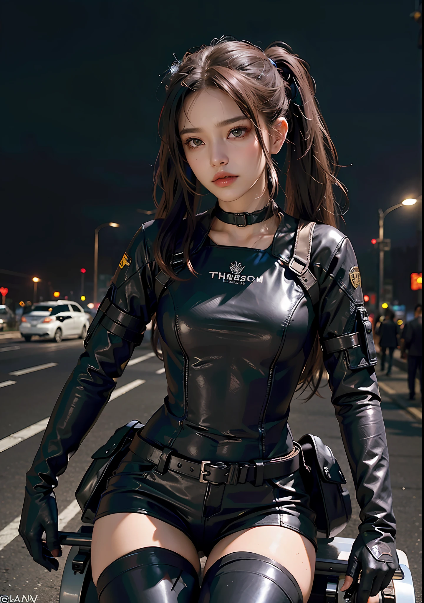 The Huntress riding her hightech motorcycle, shooting a hightech fire-gun, fire sparks comming out of the gun, (1woman, brown eyes, white skin, black hair with twintails, choker, small breasts, skinny, full lips, makeup, eyeliner, Russian), wearing a black one-piece leather armor, long leather gloves, long leather boots, in a cyberpunk town at night, (cyberpunk theme), (masterpiece, best quality, 8k, sharp focus, depth of field, best shadows, perfect lights, HDR, realistic skin texture, ultra-detailed and detailed background), wideshot