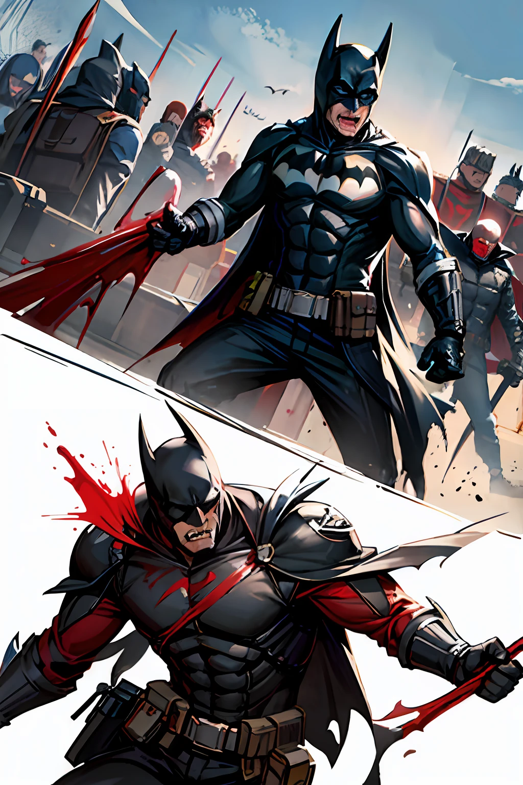 draw the Batman in an action scene with a lot of blood on his hands and mouth, blood on the ground because the scene is of Batman fighting several Cyberpunks at the behest of the villain Penguin, 64k,