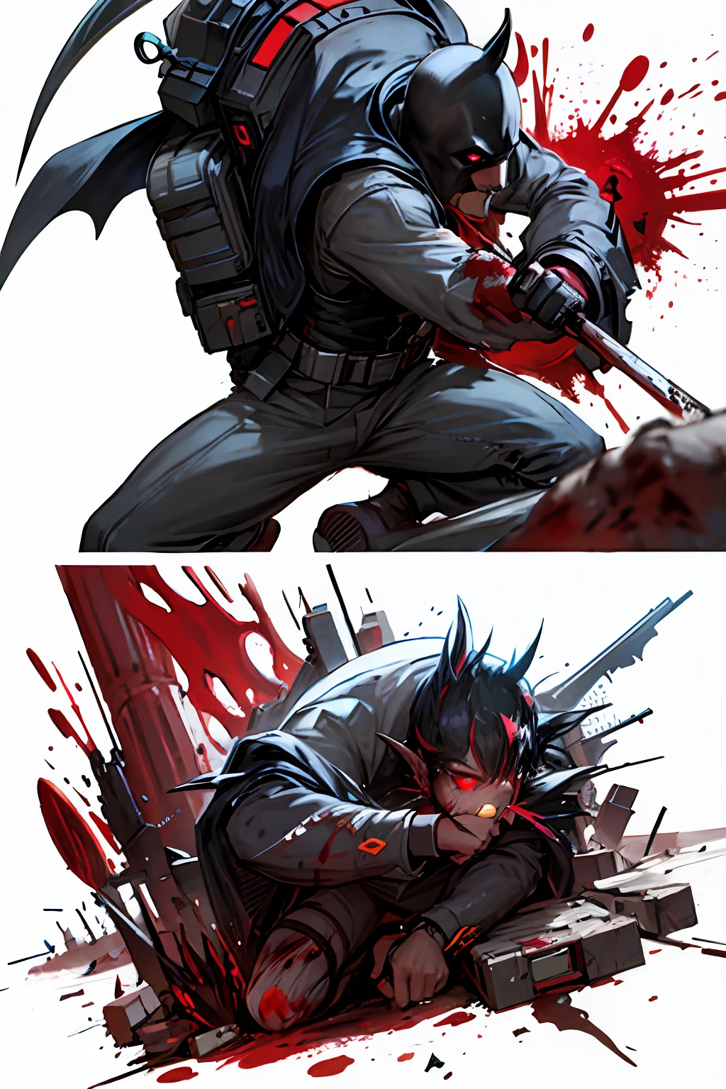 draw the Batman in an action scene with a lot of blood on his hands and mouth, blood on the ground because the scene is of Batman fighting several Cyberpunks at the behest of the villain Penguin, 64k,