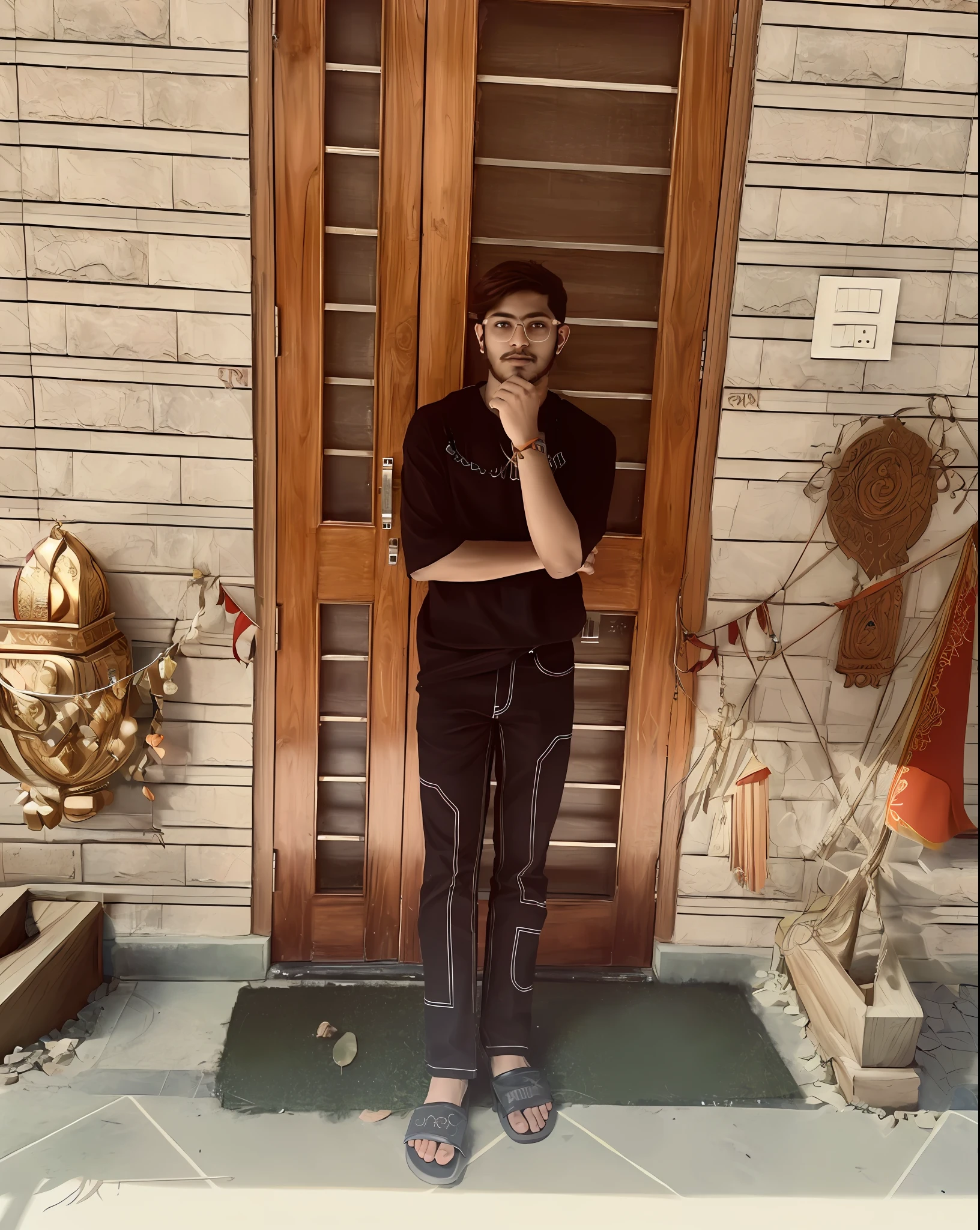(an extremely detailed CG unity 8k wallpaper,masterpiece, best quality, ultra-detailed),(an extremely delicate and beautiful),(1 boy:1.2),(Hindu:1.3),(beard:1.2),(necklace),(standing),(between two red sanatan flags:1.1),(dynamic pose:1.1),(wide shot),(deep red:1.2), (vibrant color grading)