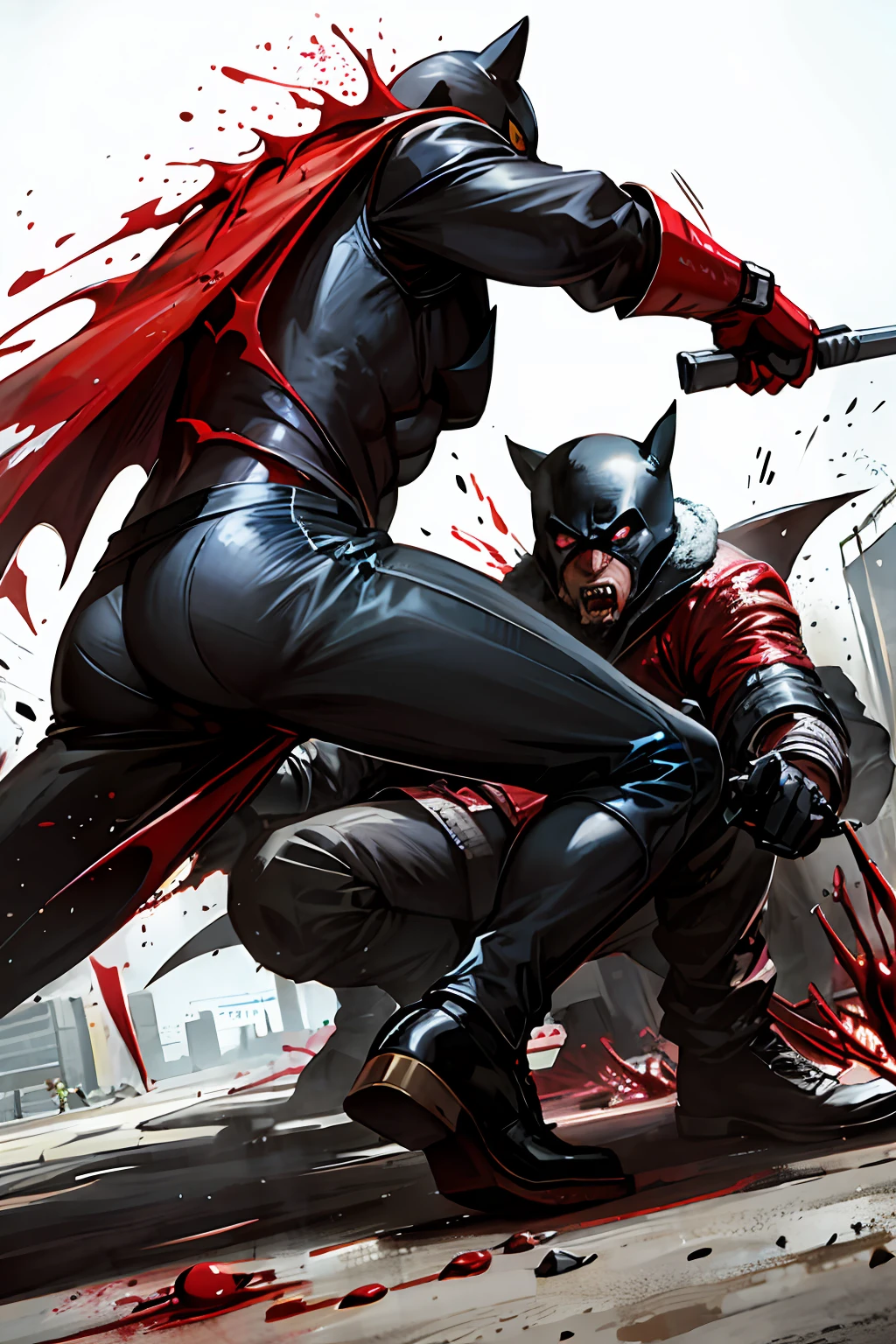 draw the Batman in an action scene with a lot of blood on his hands and mouth, blood on the ground because the scene is of Batman fighting several Cyberpunks at the behest of the villain Penguin, 64k,