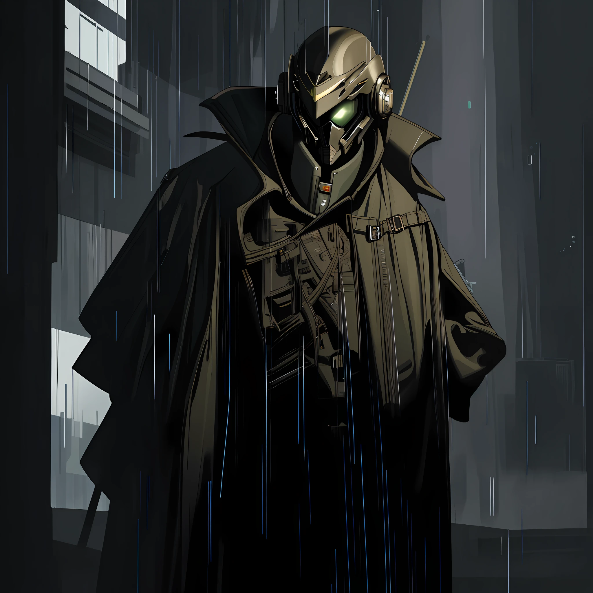 A masterpiece of the mysterious man with a futuristic helmet, trench coat and black leather hood on top of a concrete building of the night city in the rain, with ultra precise details and optimal quality.