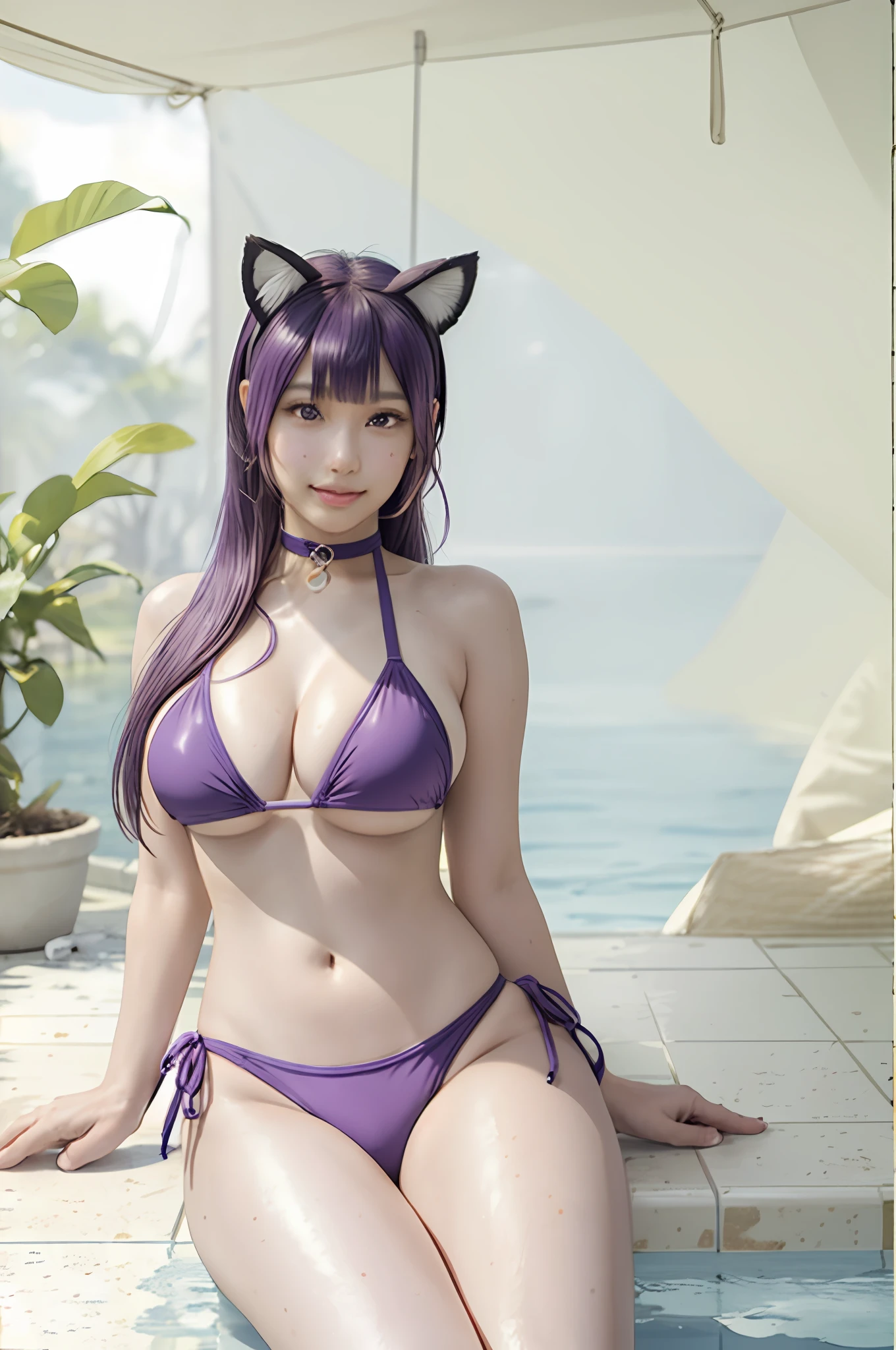 Nicki Minaj as a highschool swimmer, 1girl, animal ears, bangs, bikini, bikini top only, black bikini, blunt bangs, bottomless, choker, cleavage, covered, hime cut, huge breasts, large breasts, lips, long hair, looking at viewer, mole under mouth, navel, nyotengu, plant, purple eyes, purple hair, sitting, smile, solo, swimsuit, tile floor, tiles,(masterpiece:1.4),(best quality:1.4),(shiny skin),steaming body,realistic
