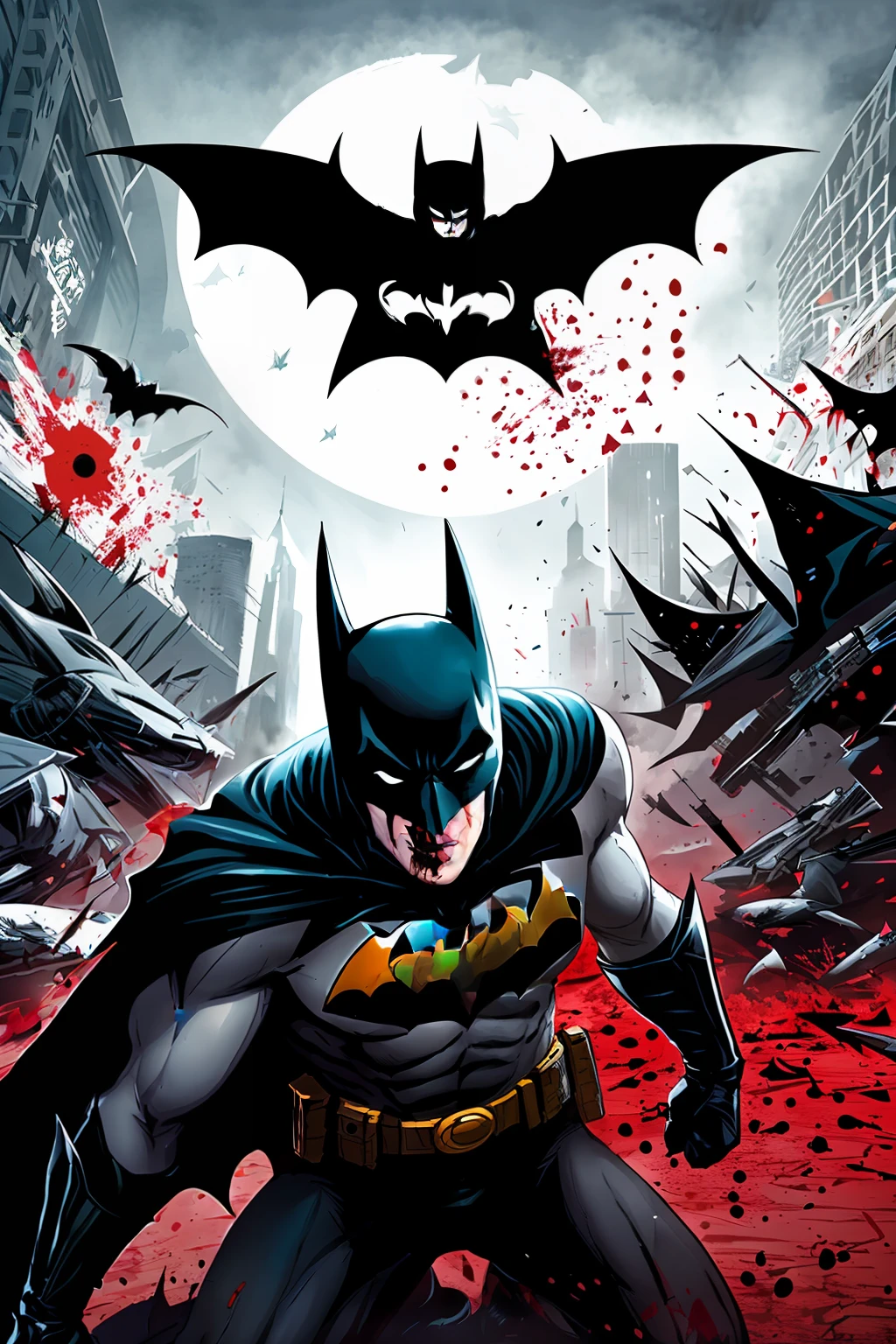 draw the Batman in an action scene with a lot of blood on his hands and mouth, blood on the ground because the scene is of Batman fighting several Cyberpunks at the behest of the villain Penguin, 64k,