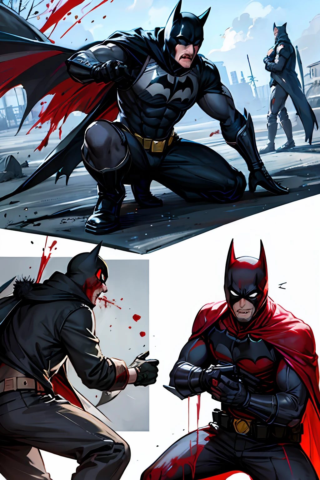 draw the Batman in an action scene with a lot of blood on his hands and mouth, blood on the ground because the scene is of Batman fighting several Cyberpunks at the behest of the villain Penguin, 64k,