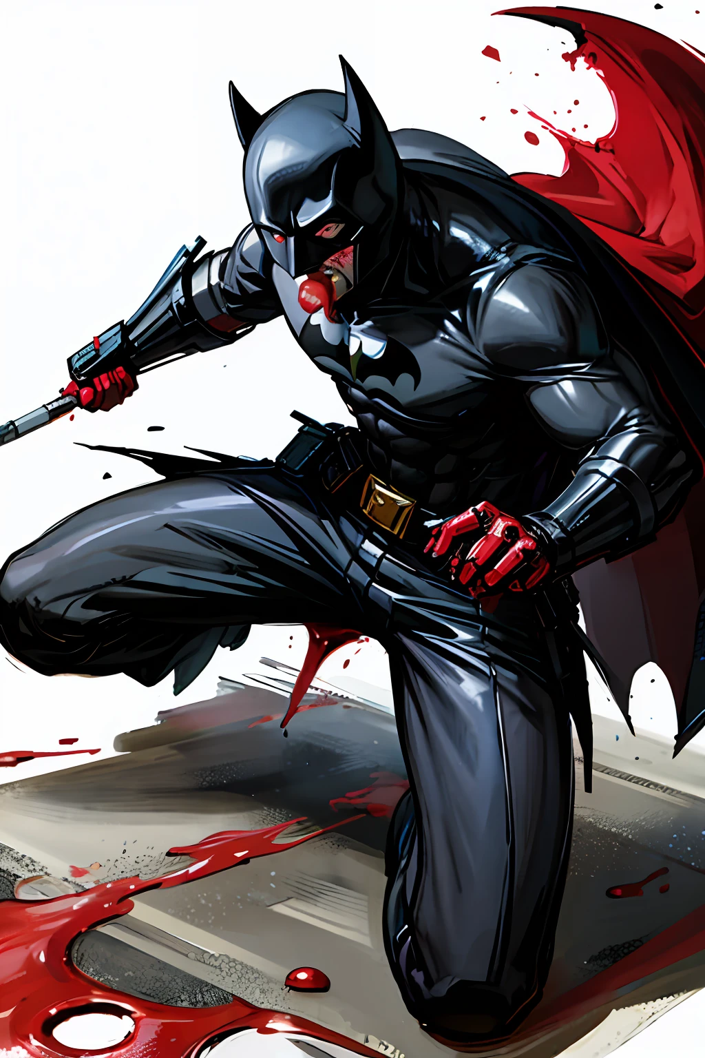 draw the Batman in an action scene with a lot of blood on his hands and mouth, blood on the ground because the scene is of Batman fighting several Cyberpunks at the behest of the villain Penguin, 64k,