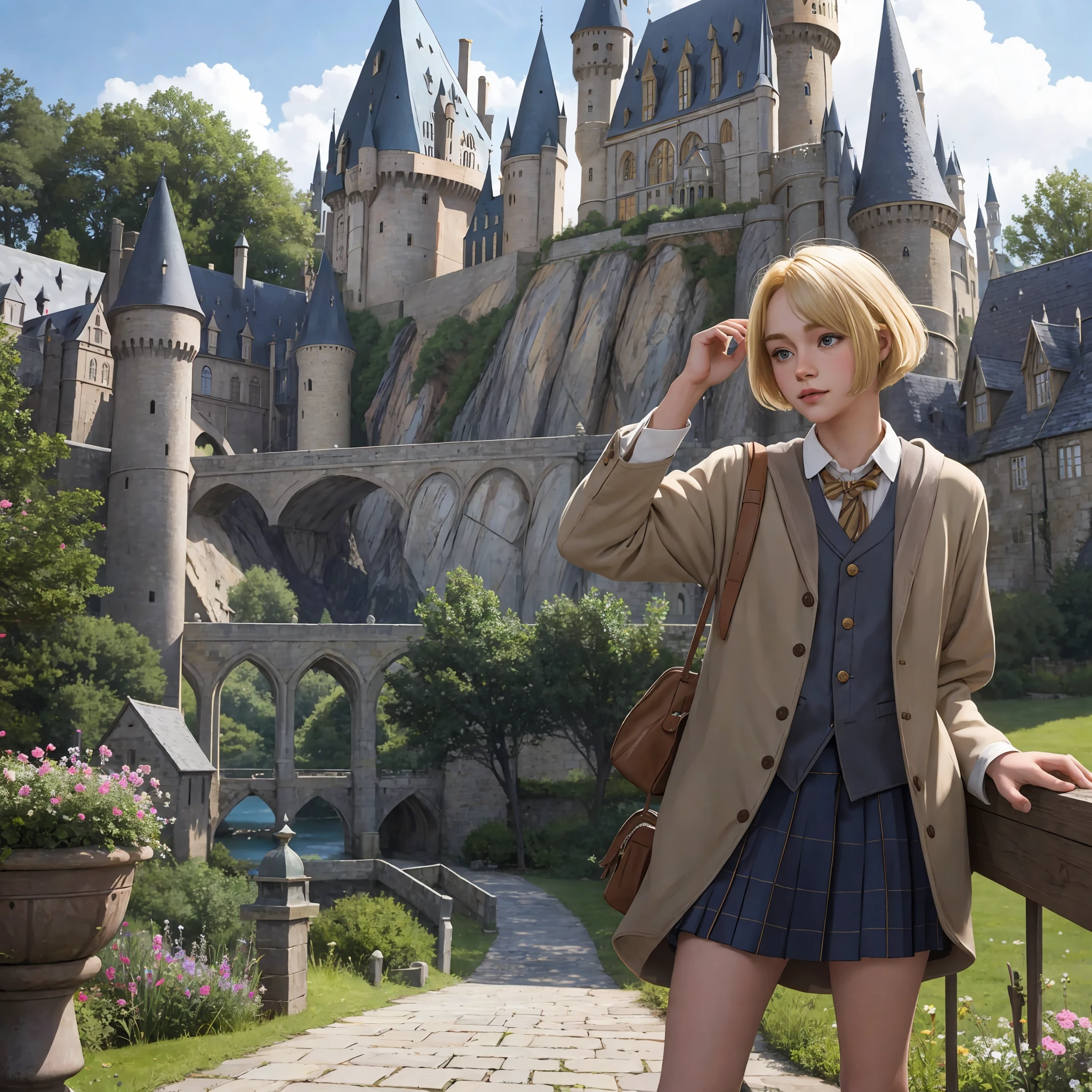 best quality, masterpiece, hogwarts student, blonde bob hair, outdoors, castle