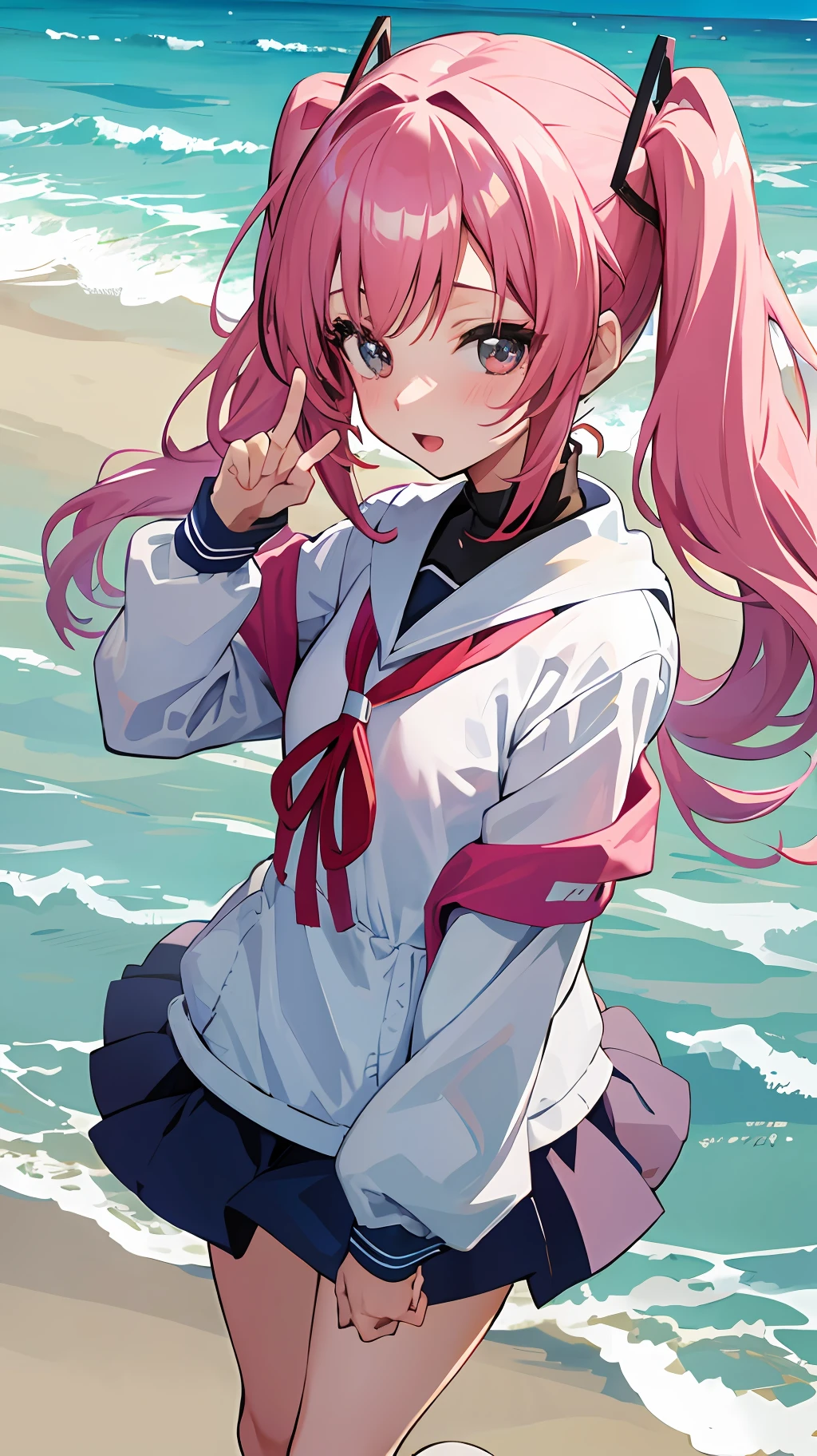 anime style,girl,white twintails, On the Beach, NSFW