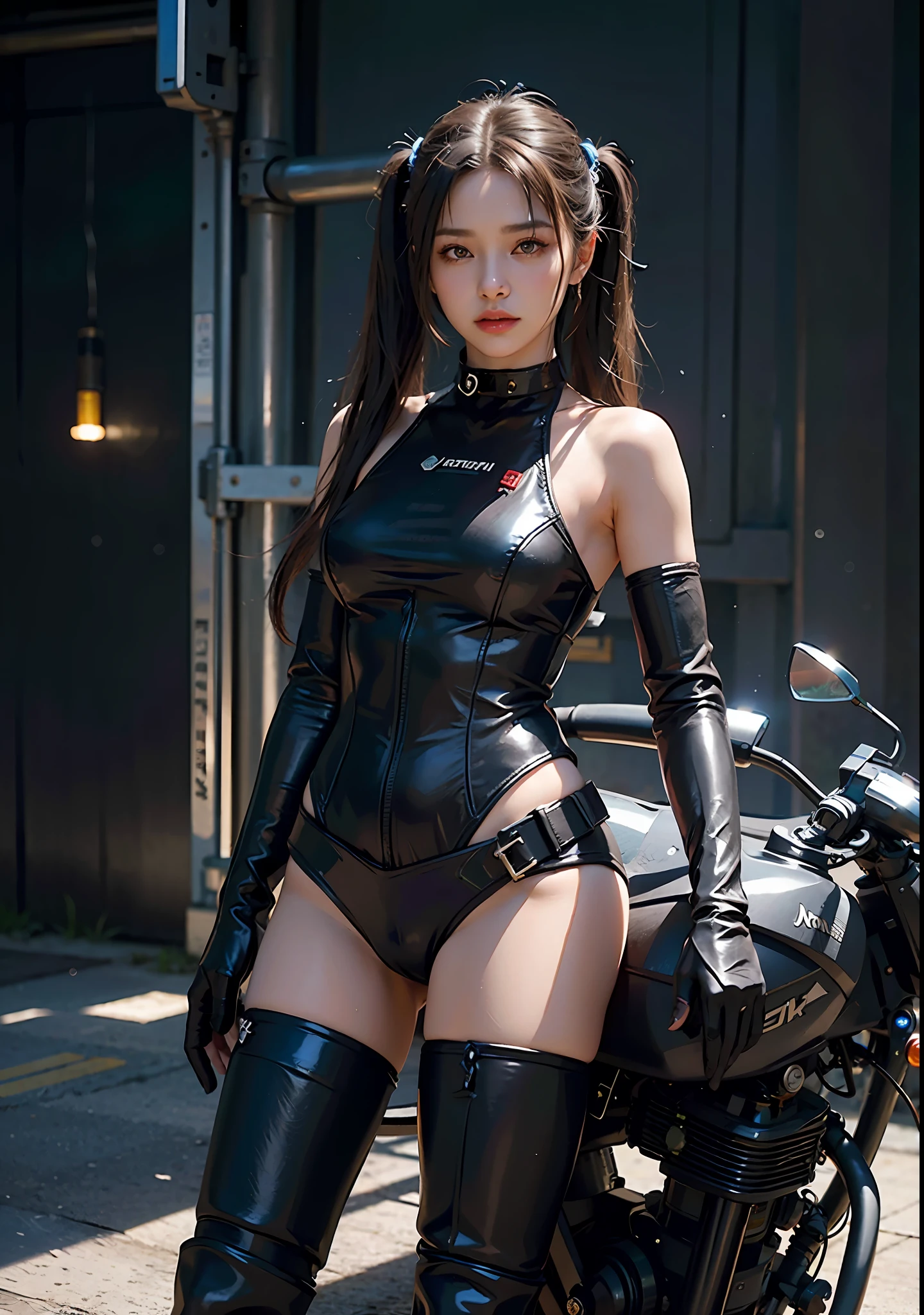 The Huntress riding her hightech motorcycle, shooting a hightech fire-gun, fire sparks comming out of the gun, (1woman, brown eyes, white skin, black hair with twintails, choker, small breasts, skinny, full lips, makeup, eyeliner, Russian), wearing a black one-piece leather armor, long leather gloves, long leather boots, in a cyberpunk town at night,  (cyberpunk theme), (masterpiece, best quality, 8k, sharp focus, depth of field, best shadows, perfect lights, HDR, realistic skin texture, ultra-detailed and detailed background), wideshot