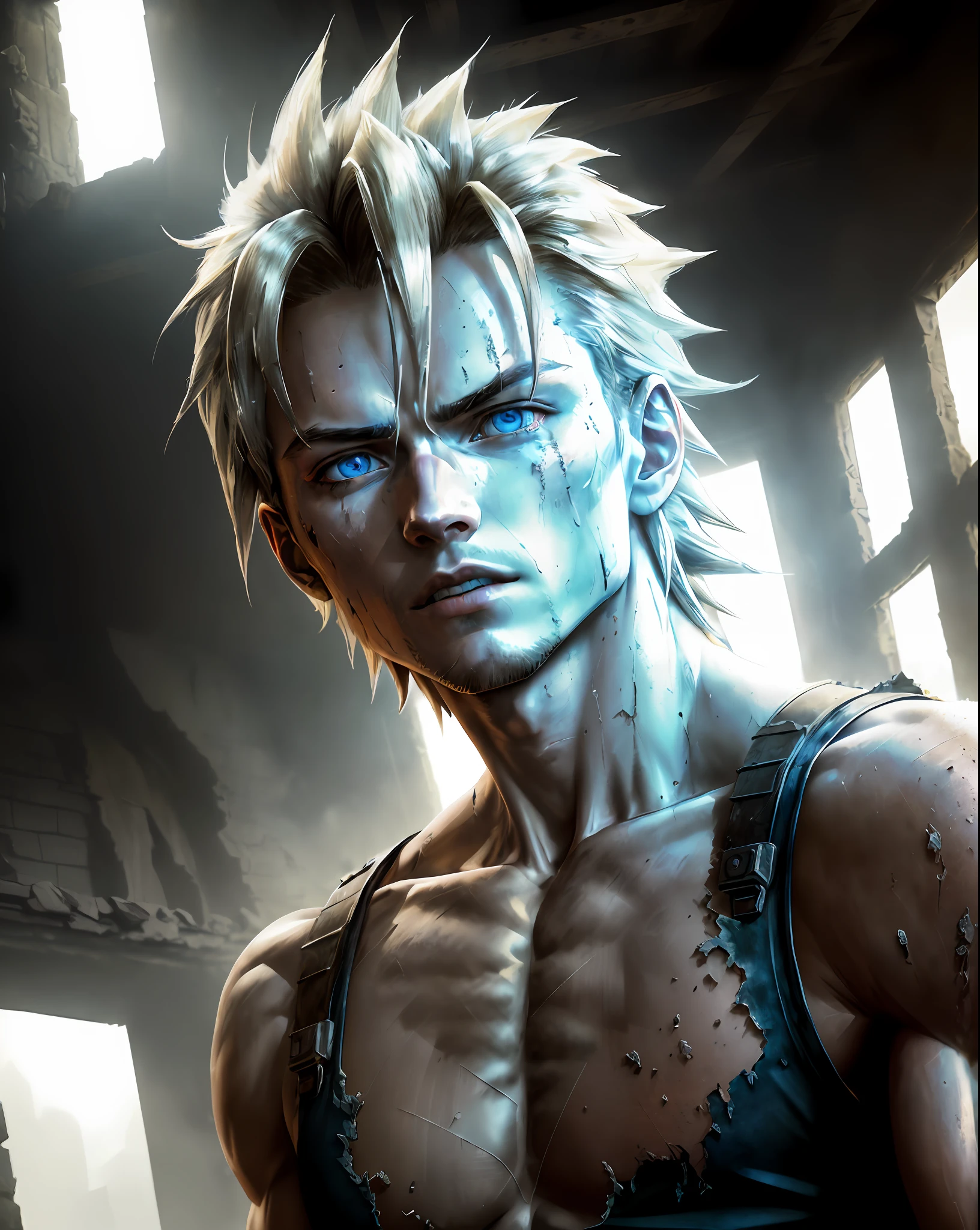 Gohan, torn T-shirt, ultra detailed eyes, yellow rays coming out of the body, bright blue eyes, man, flowing hair, realistic human skin, striking blue eyes, beautiful body and face - shot, body, beautiful detailed body and face, strong body, musco))), dust rising(hot, hyper-realistic dark photos ((((portrait))), background of post-apocalyptic ruins,(((HDR+))), textures of 4mm, 8k, soft cinematic light,  Adobe Lightroom, Photolab, HDR, intricate, elegant, highly detailed, sharp focus, ((((((cinematic appearance)))), soft tones, insane details, intricate details, hyper-detailed, low contrast, soft cinematic light, slate atmosphere)