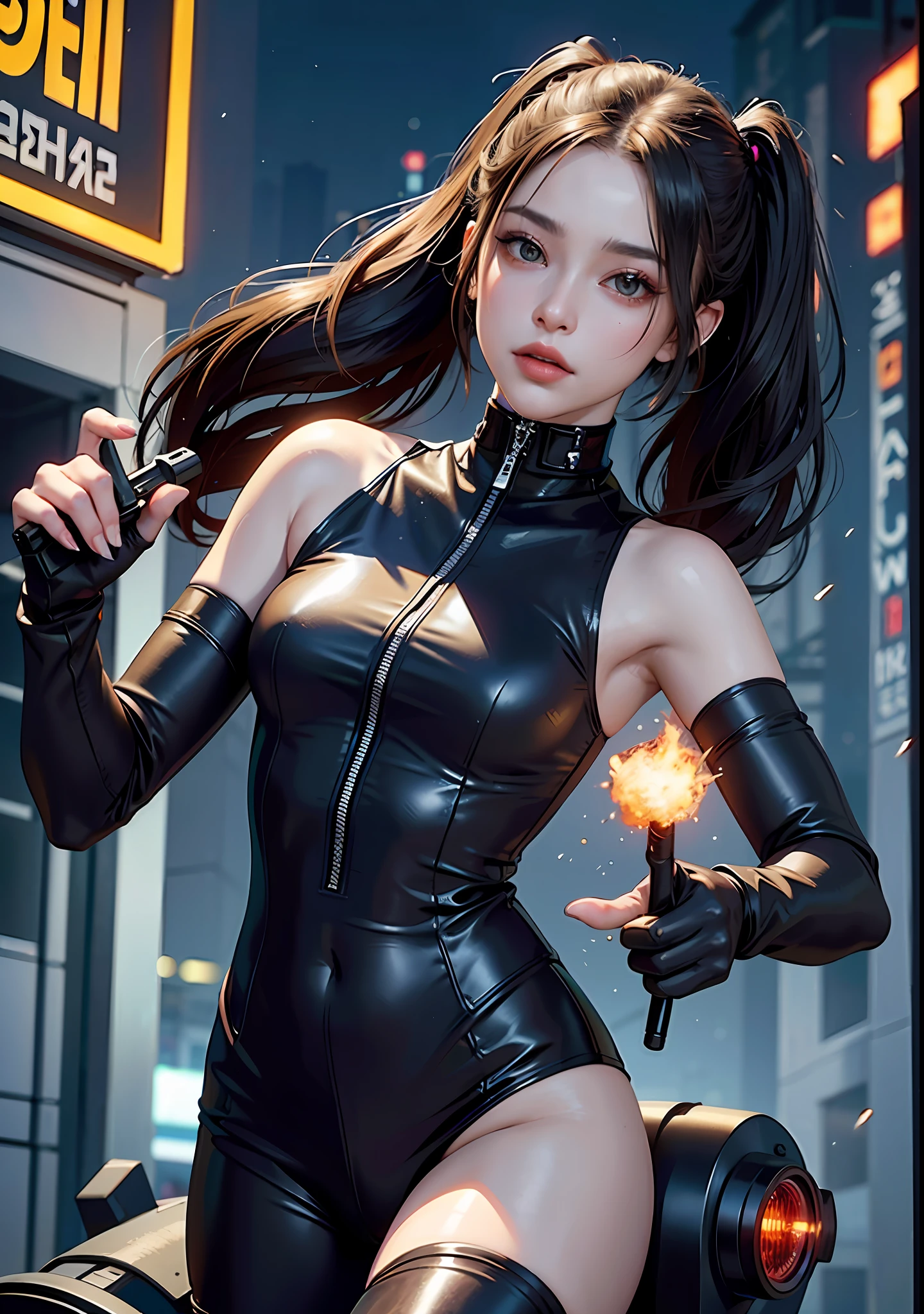 The Huntress riding her hightech motorcycle, shooting a hightech fire-gun, fire sparks comming out of the gun, (1woman, brown eyes, white skin, black hair with twintails, choker, small breasts, skinny, full lips, makeup, eyeliner, Russian), wearing a black one-piece leather armor, long leather gloves, long leather boots, in a cyberpunk town at night,  (cyberpunk theme), (masterpiece, best quality, 8k, sharp focus, depth of field, best shadows, perfect lights, HDR, realistic skin texture, ultra-detailed and detailed background), wideshot