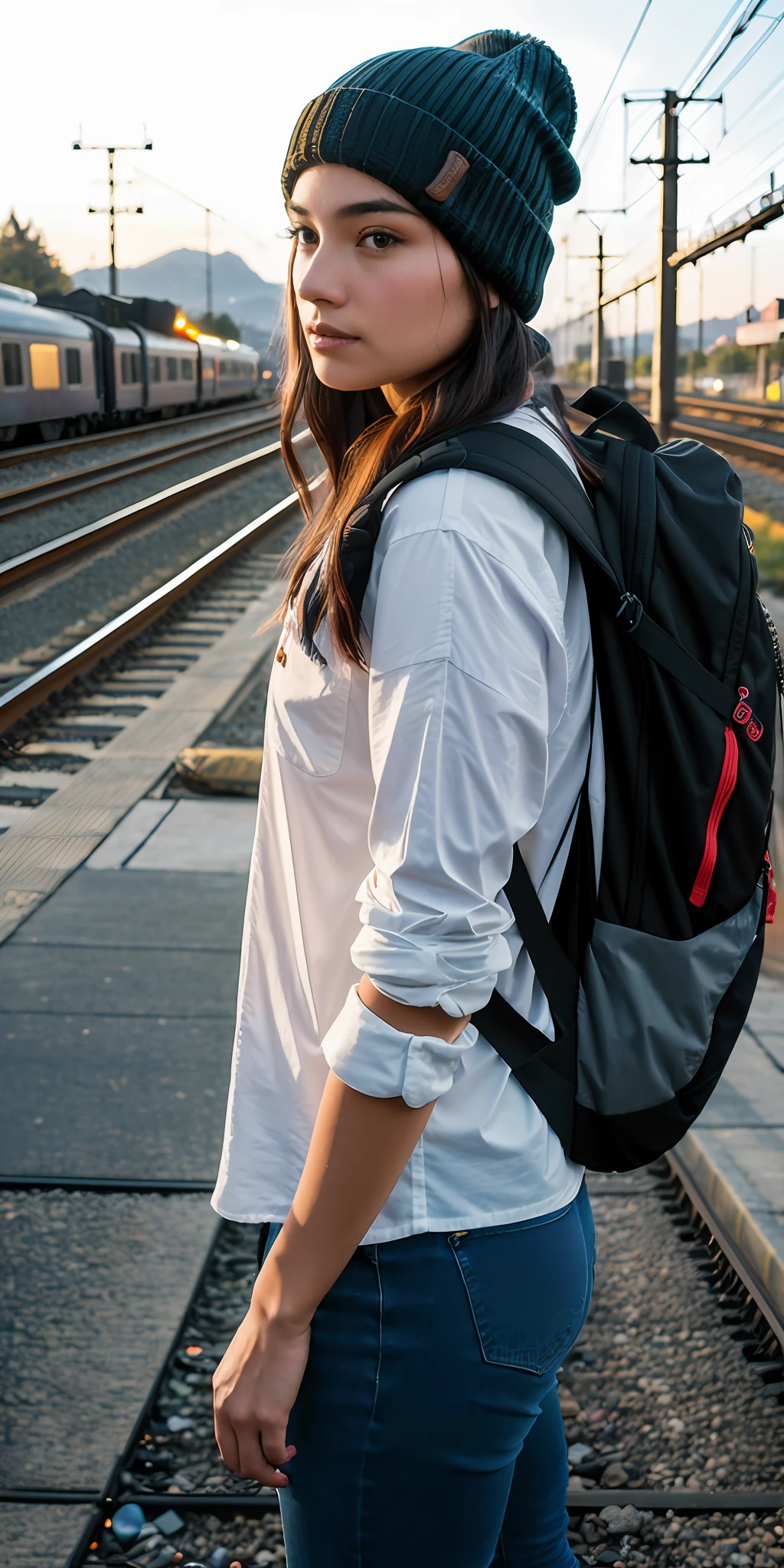 A beautiful and attractive young woman, 25 years old, in backpacker clothes, wearing a beanie, blouse, jeans, and with a backpack on her back, is standing in front of a train crossing waiting to pass ((darkening ambient light, hyperrealistic, photorealistic, 8K, intricate details))