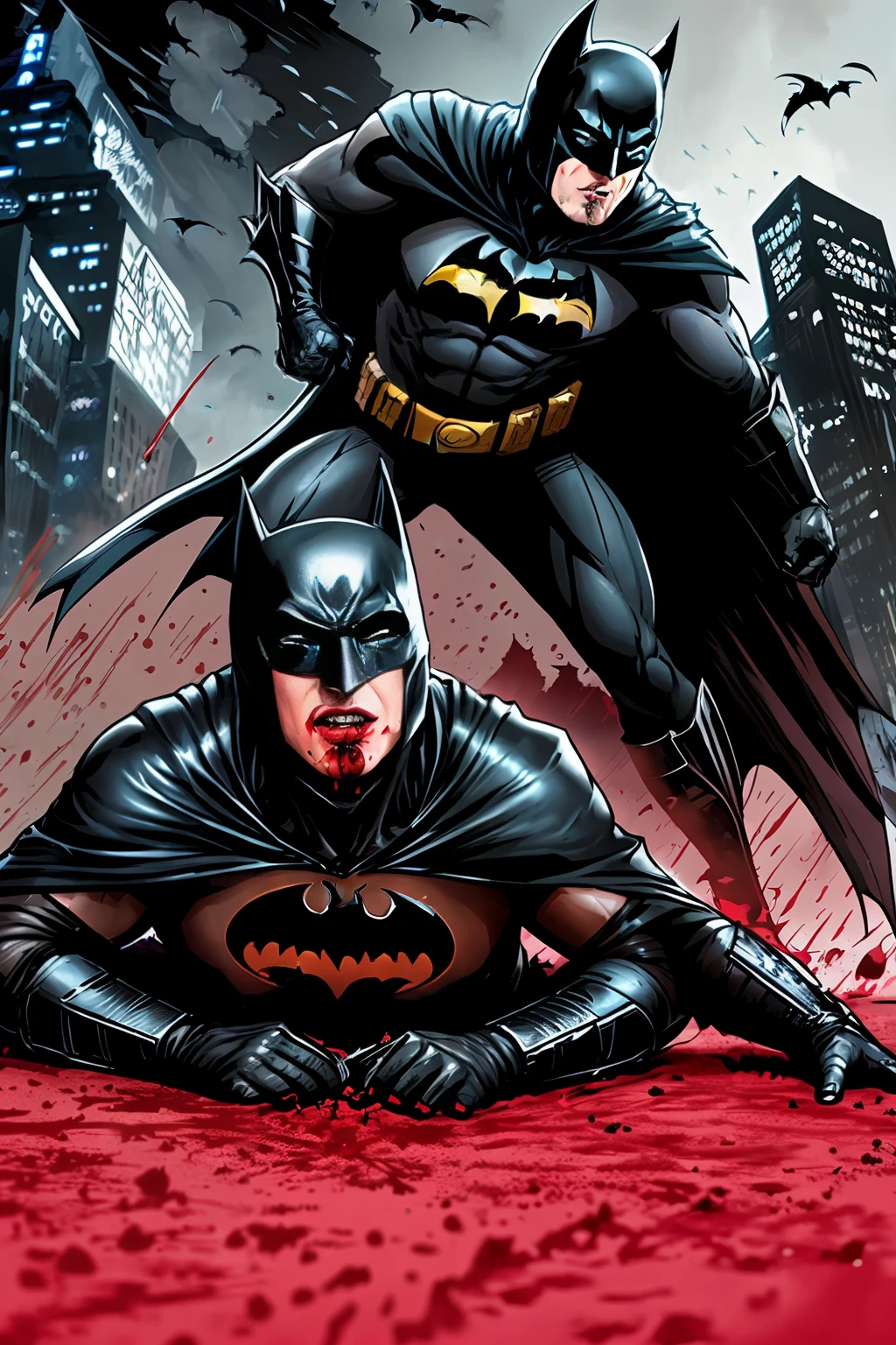 draw the Batman in an action scene with a lot of blood on his hands and mouth, blood on the ground because the scene is of Batman fighting several Cyberpunks at the behest of the villain Penguin, 64k,