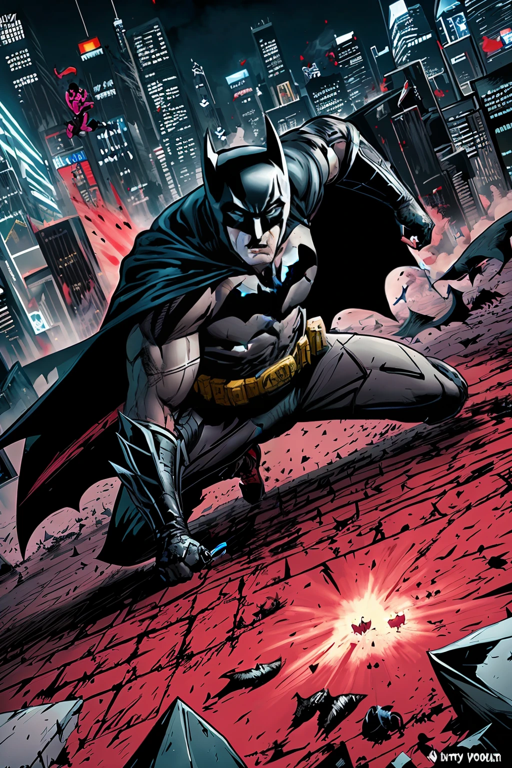 draw the Batman in an action scene with a lot of blood on his hands and mouth, blood on the ground because the scene is of Batman fighting several Cyberpunks at the behest of the villain Penguin, 64k,
