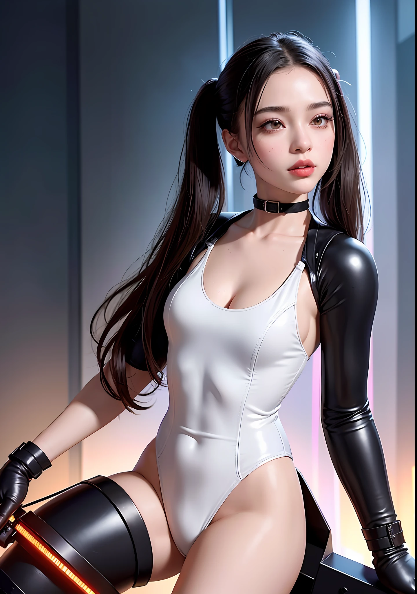 The Huntress riding her robot motorcycle, shooting a hightech fire-gun, fire sparks comming out of the gun, (1woman, brown eyes, white skin, black hair with twintails, choker, small breasts, skinny, full lips, makeup, eyeliner, Russian), wearing a black one-piece leather armor, long leather gloves, long leather boots, in a cyberpunk city at night,  (cyberpunk theme), (masterpiece, best quality, 8k, sharp focus, depth of field, best shadows, perfect lights, HDR, realistic skin texture, ultra-detailed and detailed background), wideshot