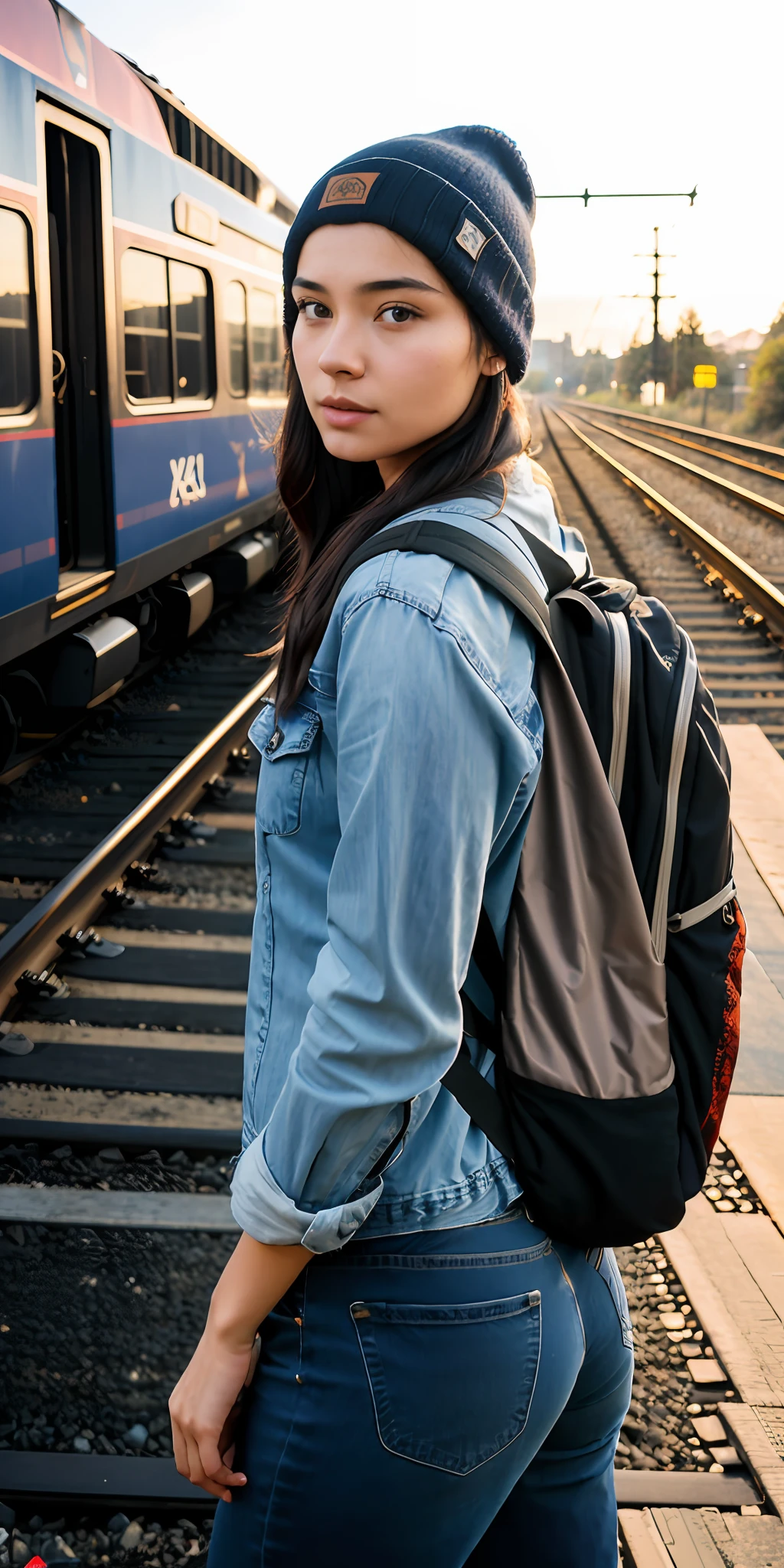 A beautiful and attractive young woman, 25 years old, in backpacker clothes, wearing a beanie, blouse, jeans, and with a backpack on her back, is standing in front of a train crossing waiting to pass ((darkening ambient light, hyperrealistic, photorealistic, 8K, intricate details))